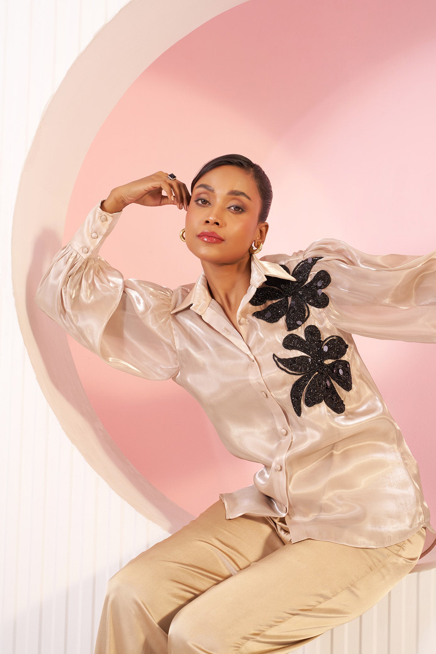 Florence Champagne Floral Applique Organza Shirt & Pant Set