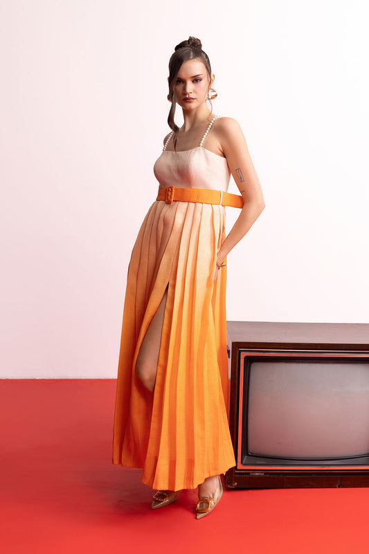 Peach Orange Ombre Pleated Maxi Dress