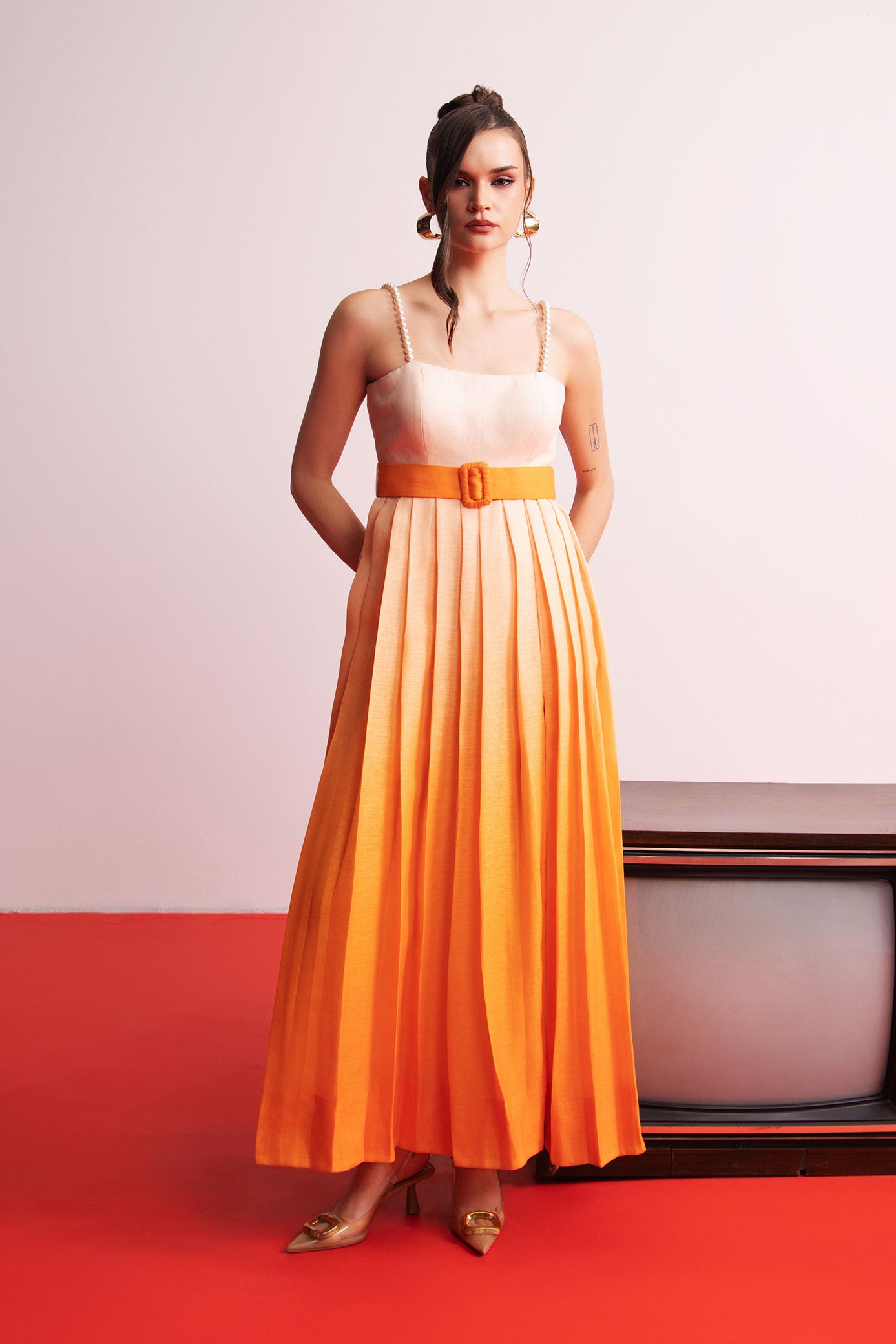 Peach Orange Ombre Pleated Maxi Dress