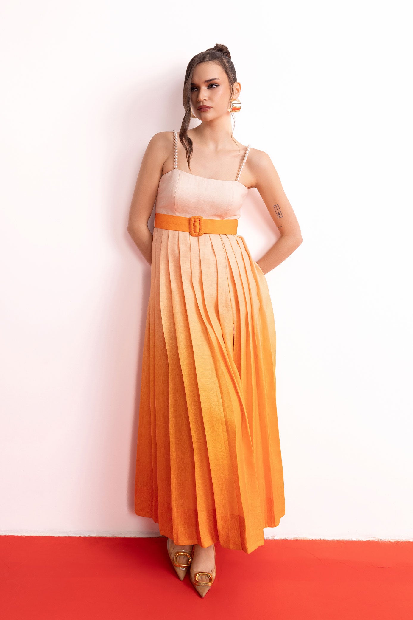 Peach Orange Ombre Pleated Maxi Dress