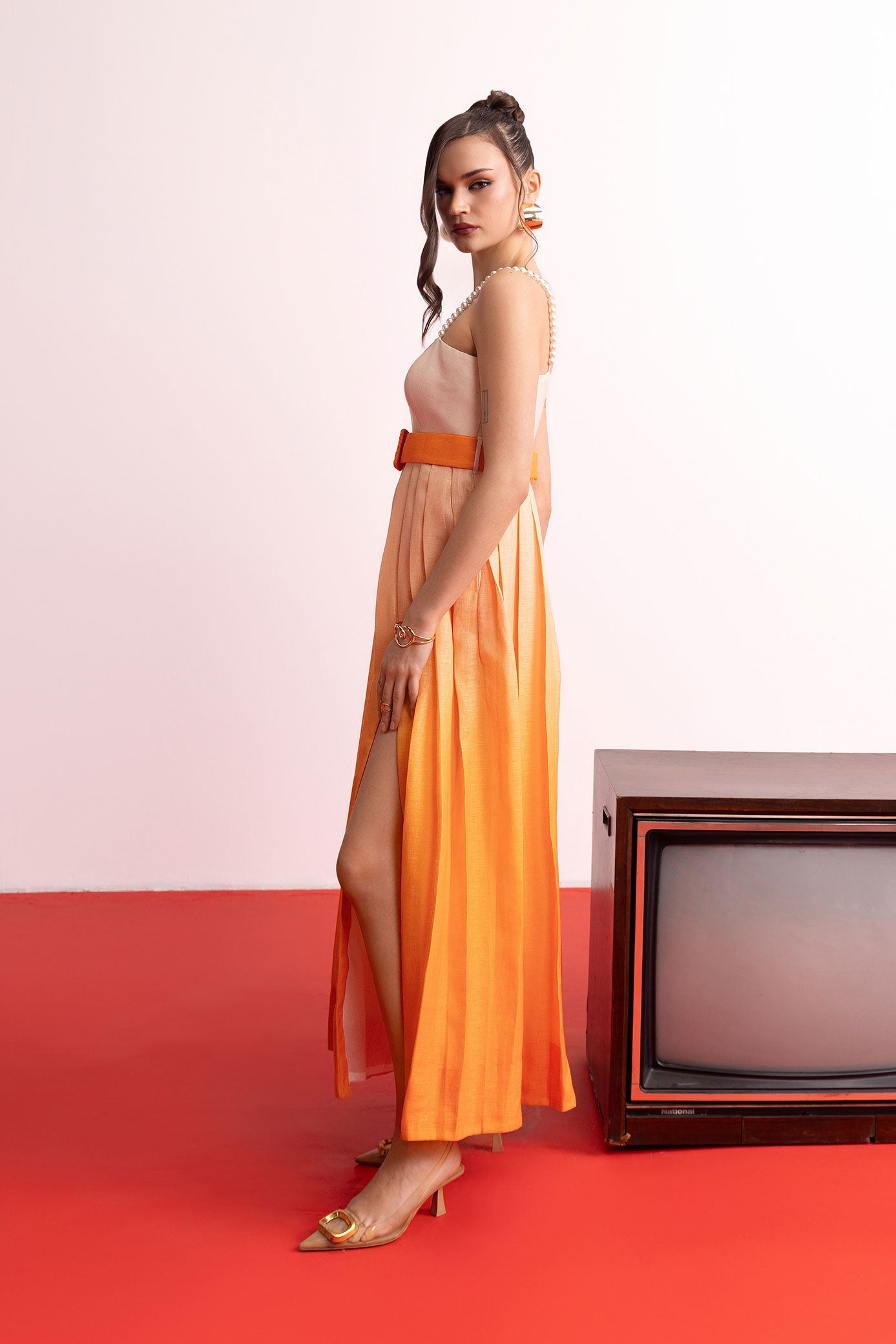 Peach Orange Ombre Pleated Maxi Dress