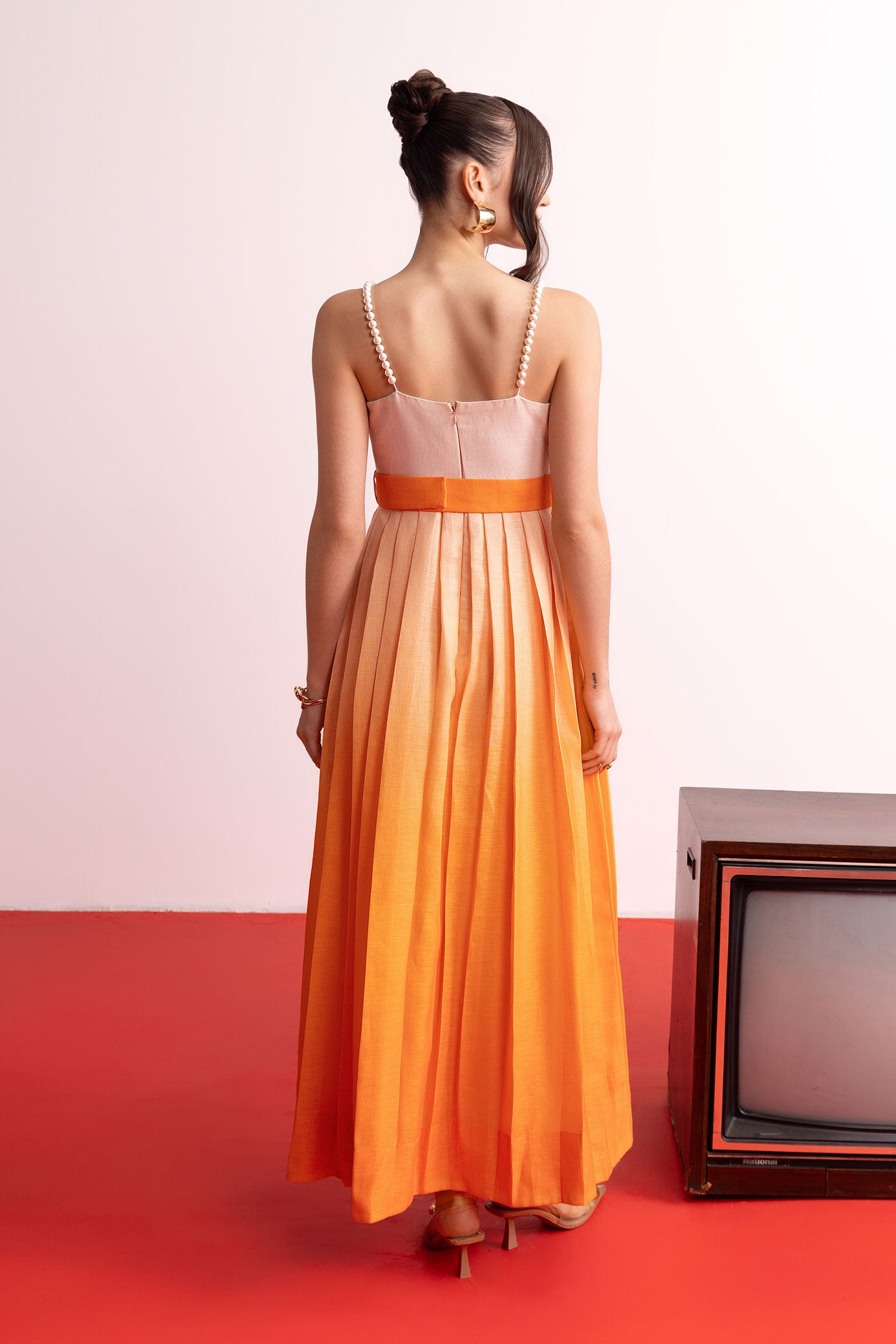 Peach Orange Ombre Pleated Maxi Dress