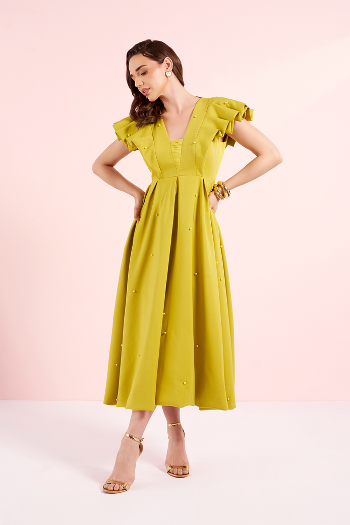 Mary - Pleated Sleeves Balloon Dress