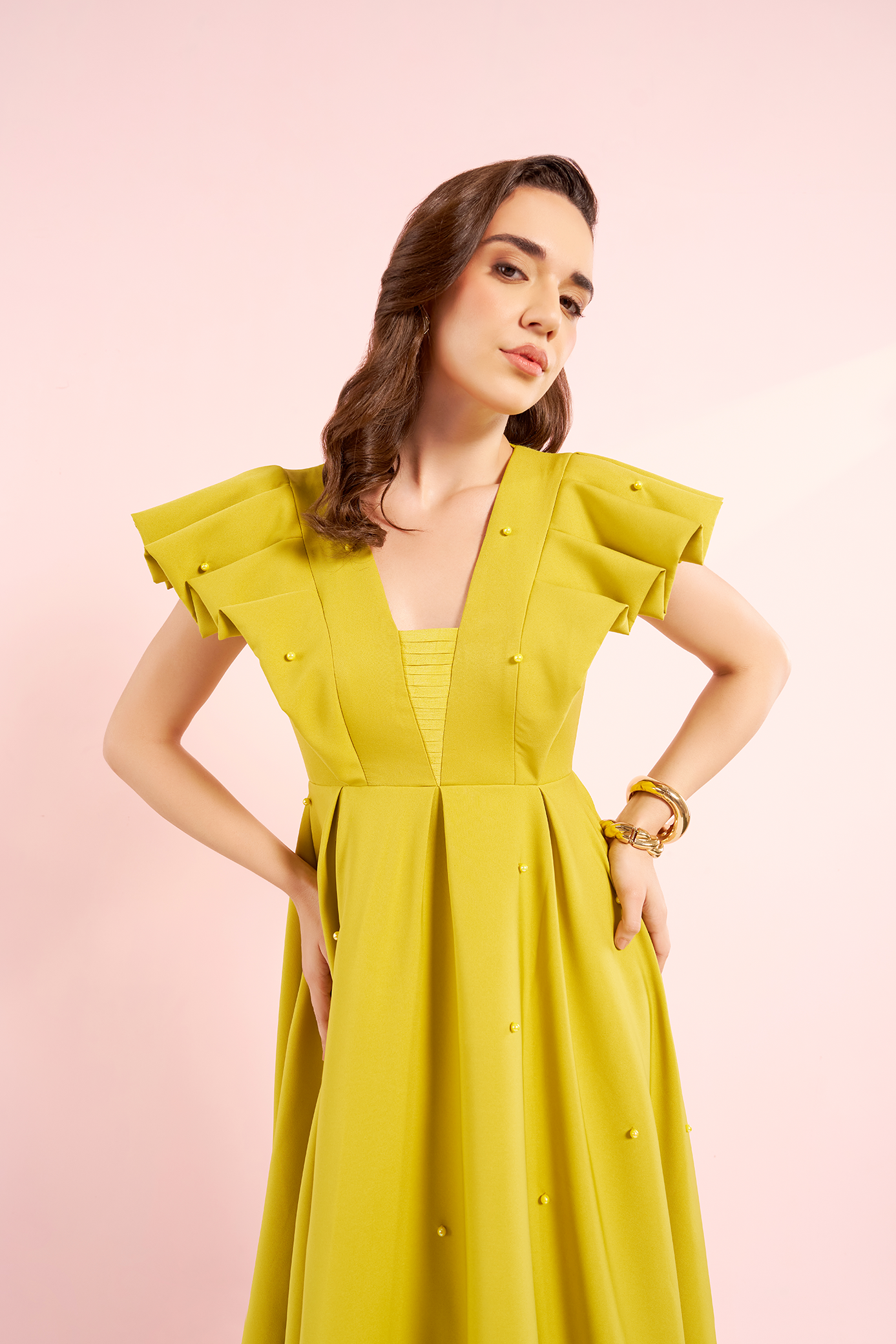 Mary - Pleated Sleeves Balloon Dress