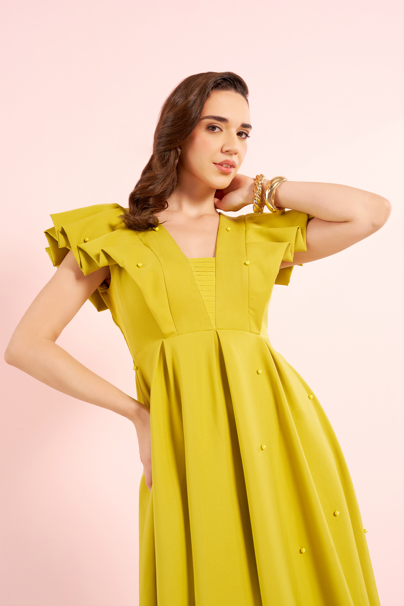 Mary - Pleated Sleeves Balloon Dress