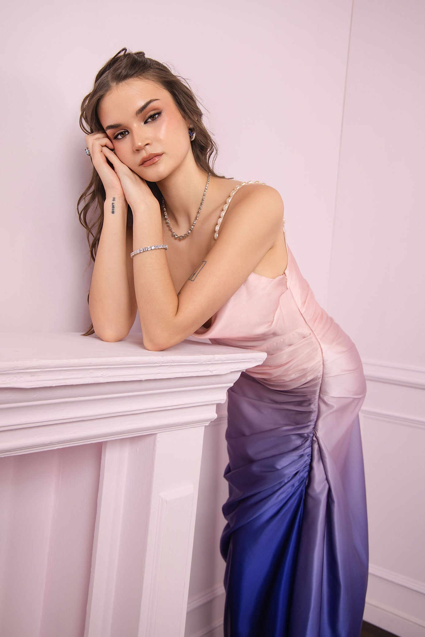 Twilight Bloom Ombre Satin Draped Slip Dress