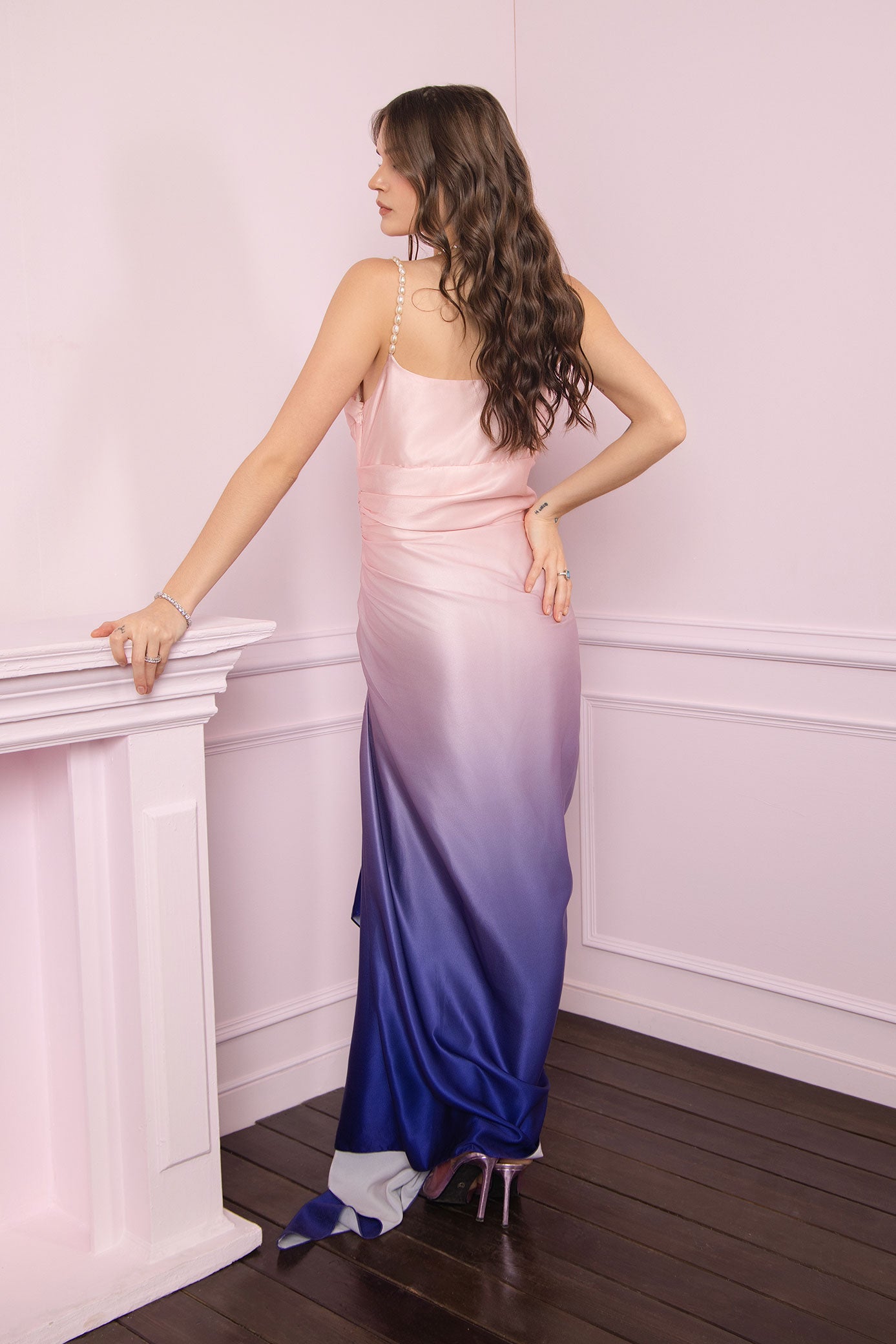 Twilight Bloom Ombre Satin Draped Slip Dress