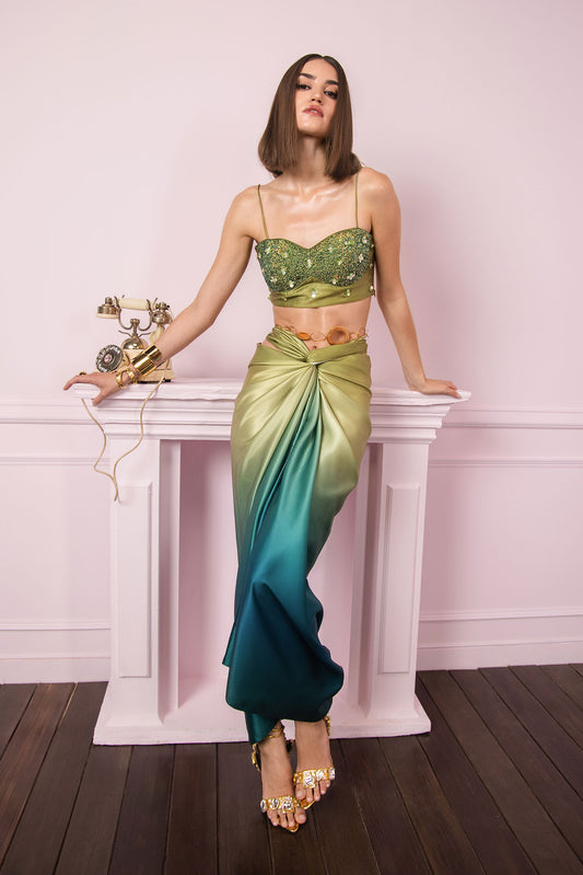 Olive Ombre Drape Skirt Set