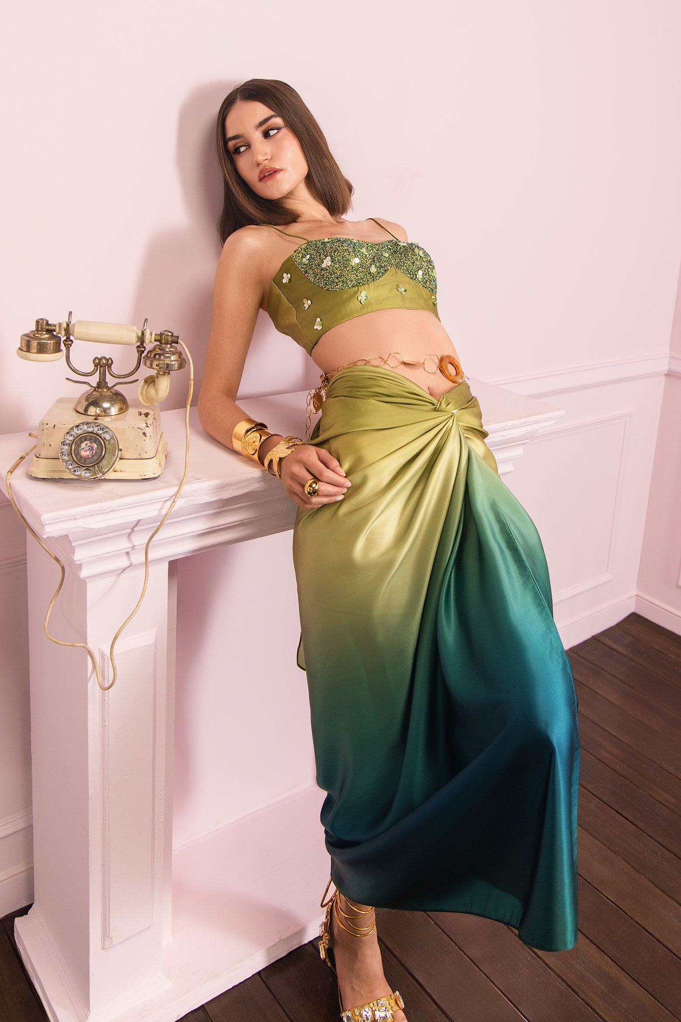 Olive Ombre Drape Skirt Set
