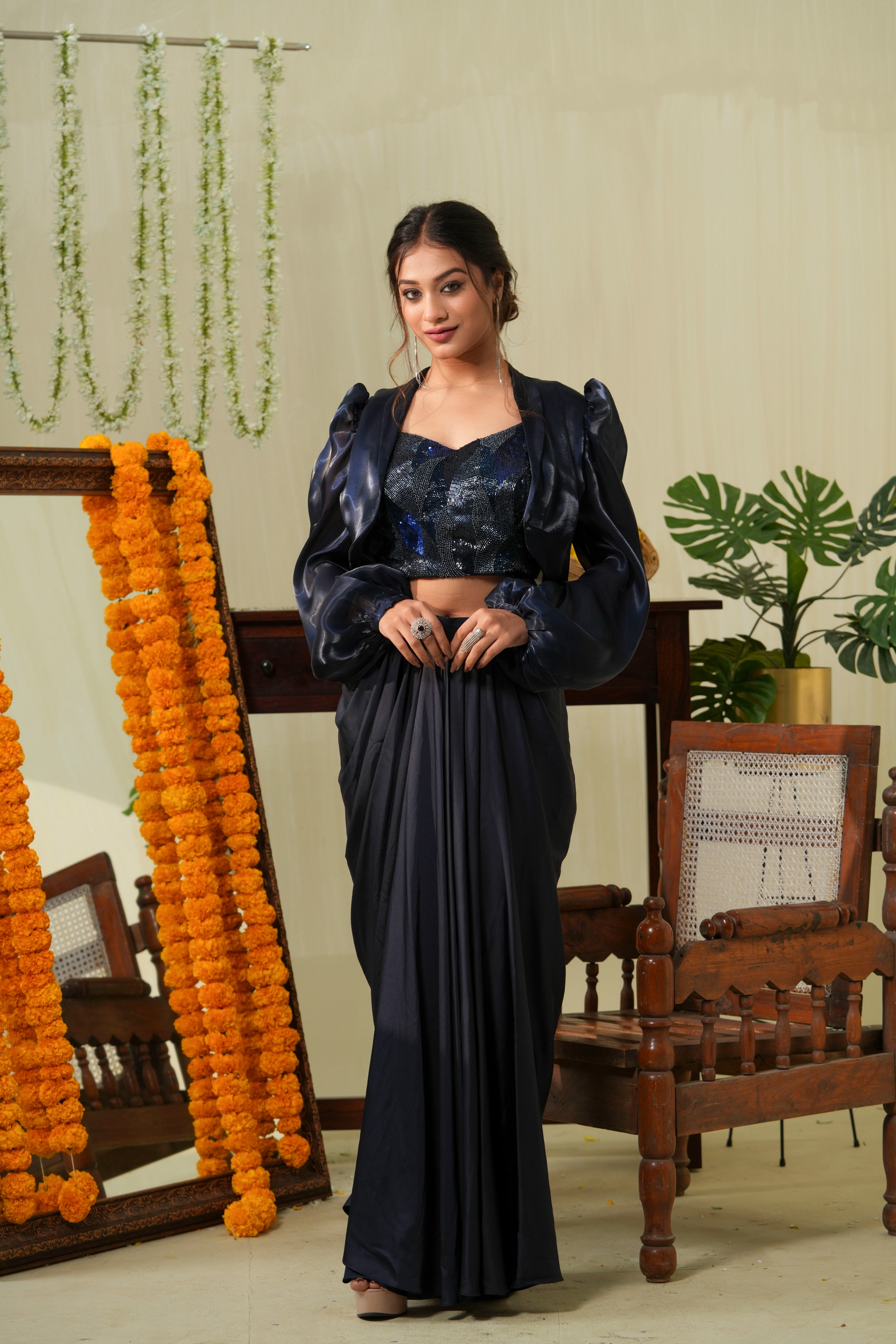 Navy Blue Drape Skirt Set