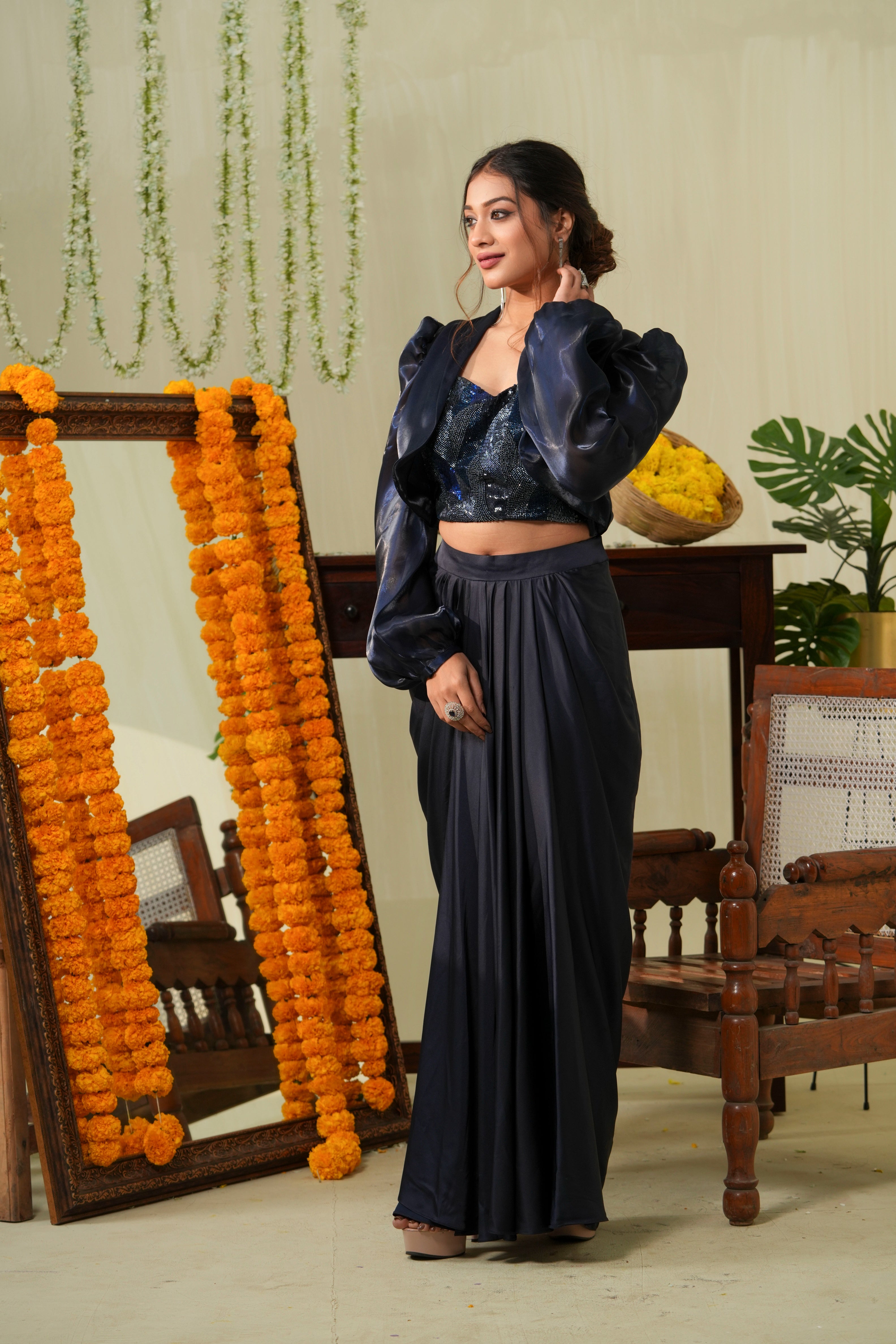 Navy Blue Drape Skirt Set