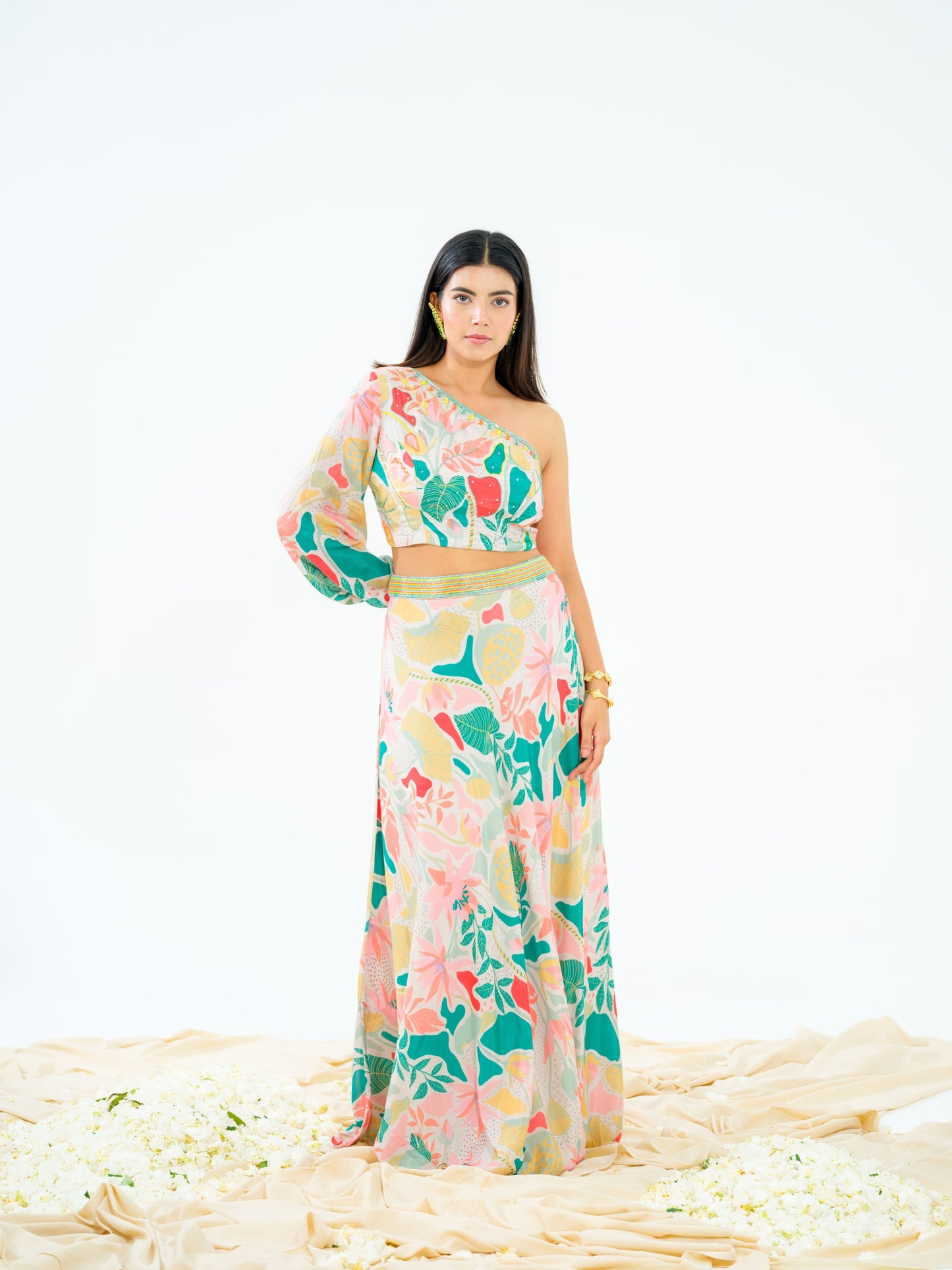 Forest green abstract printed skirt set