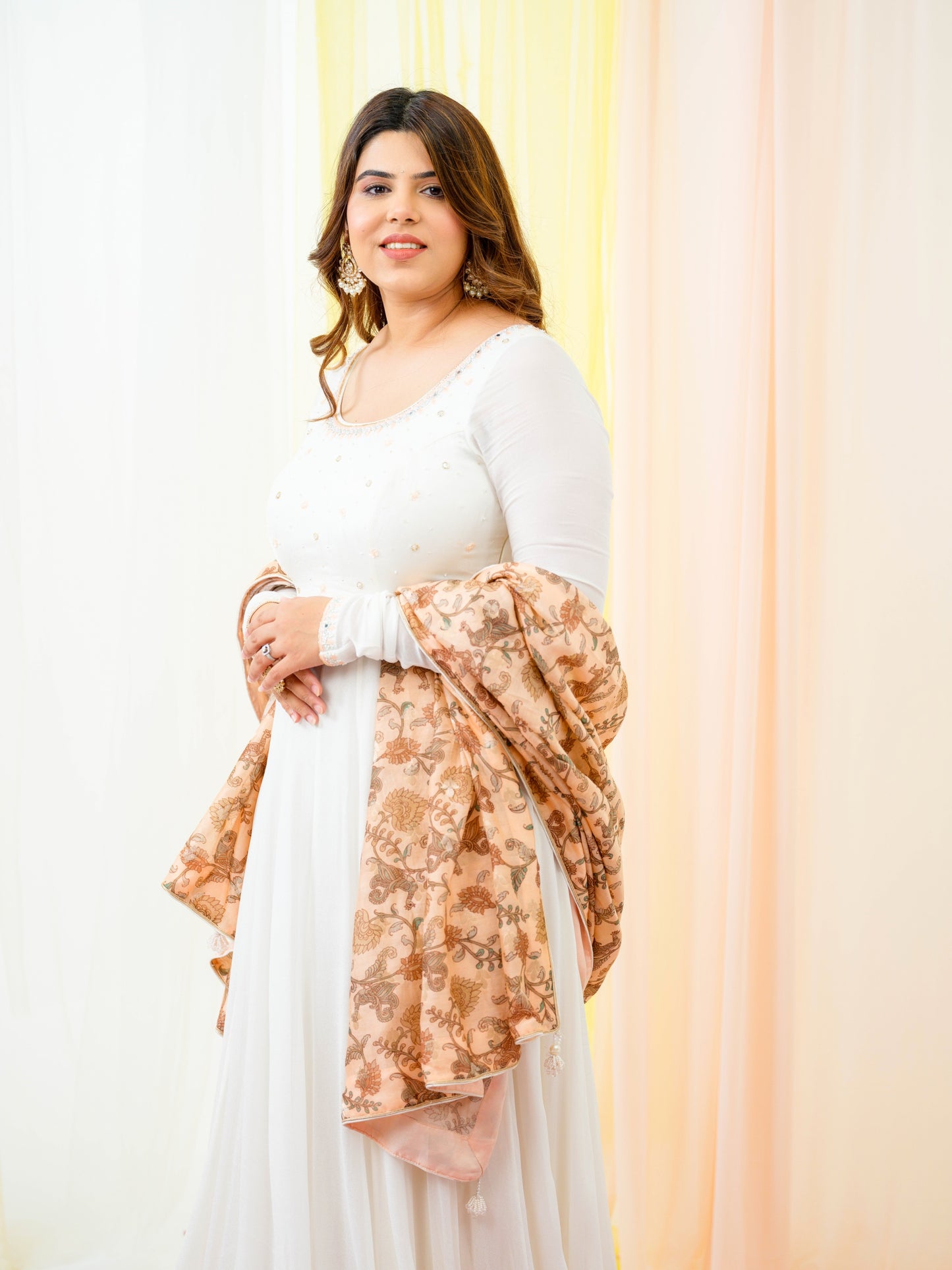 Soft Peach Dupatta Off White Anarkali set
