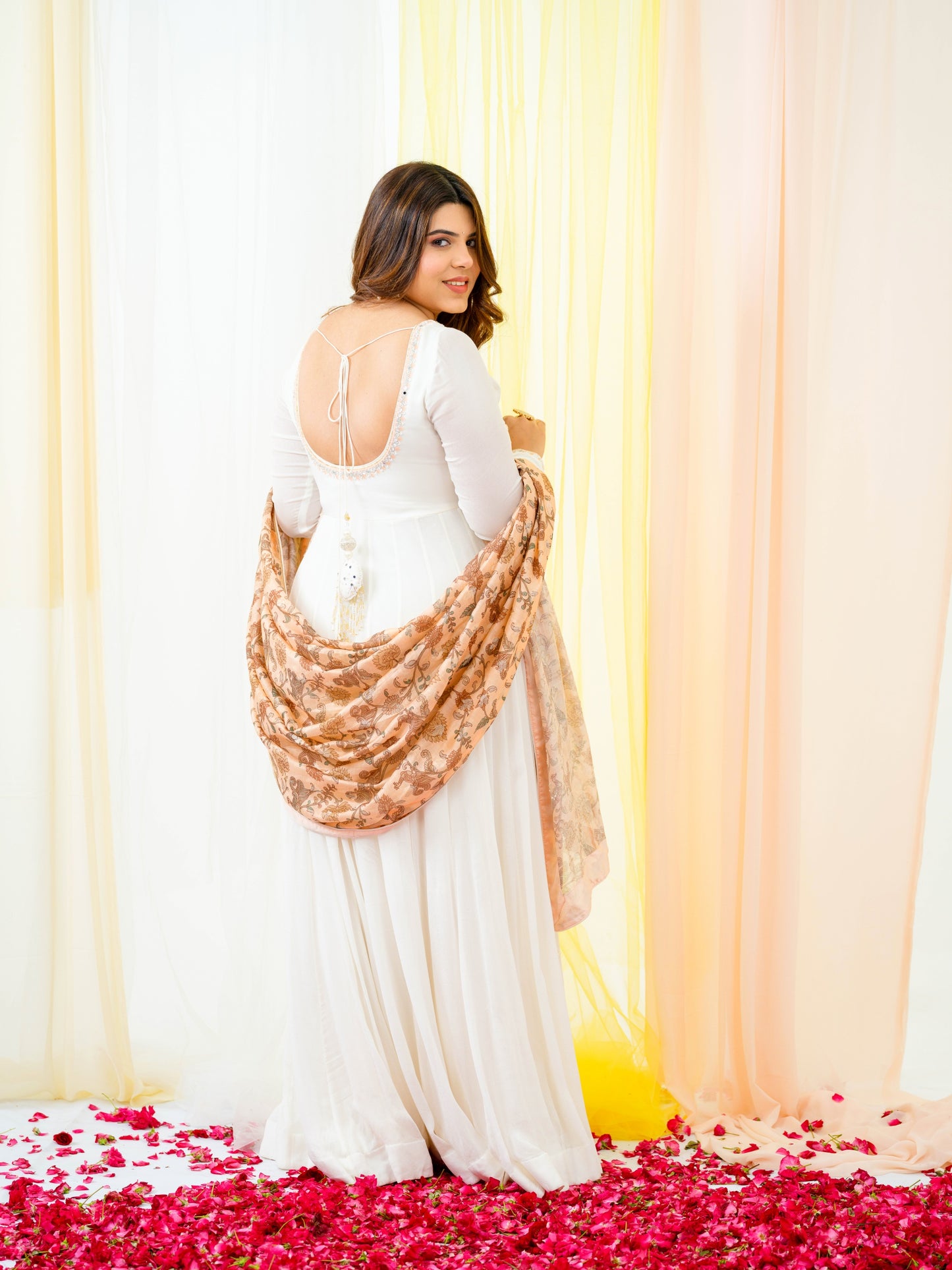 Soft Peach Dupatta Off White Anarkali set