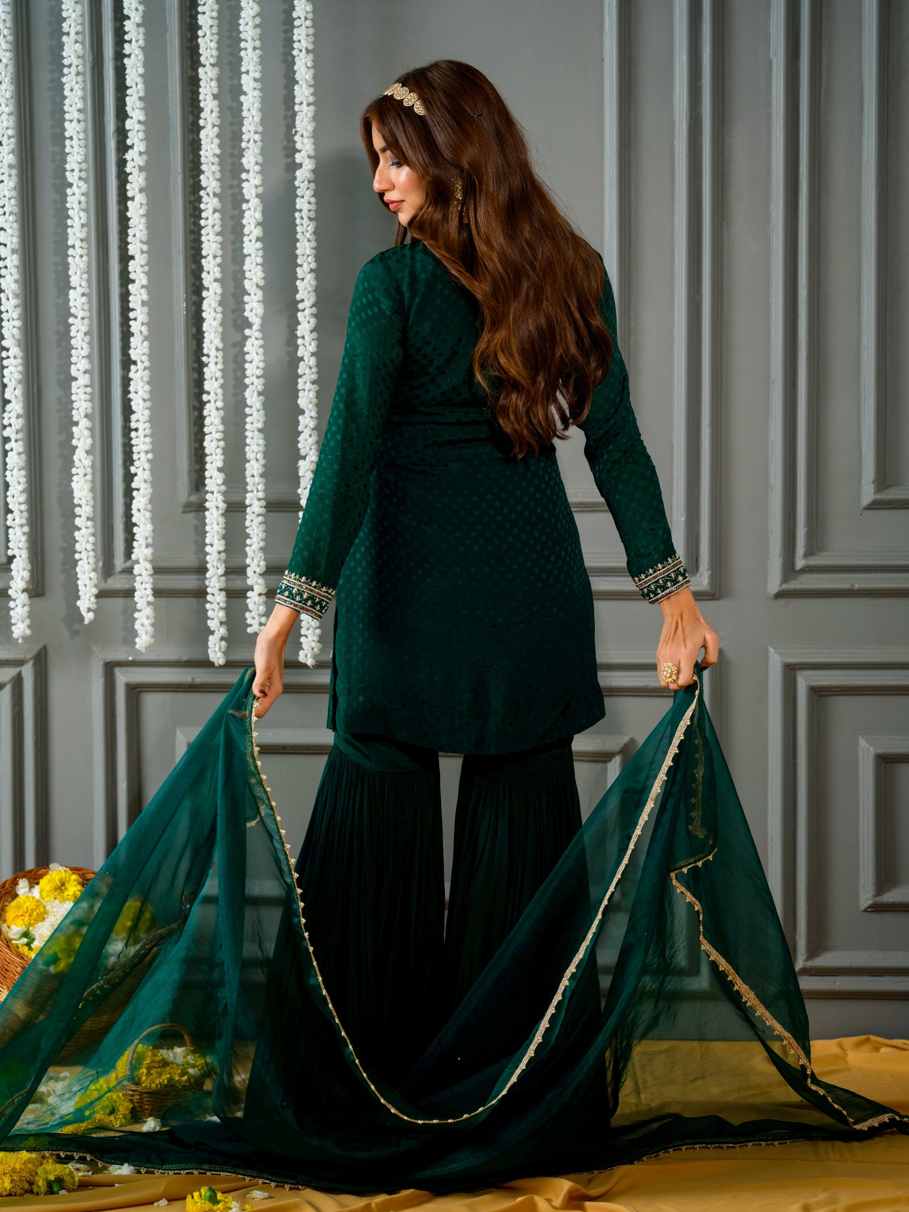 Bottle Green Angrakha Kurta and Sharara Set