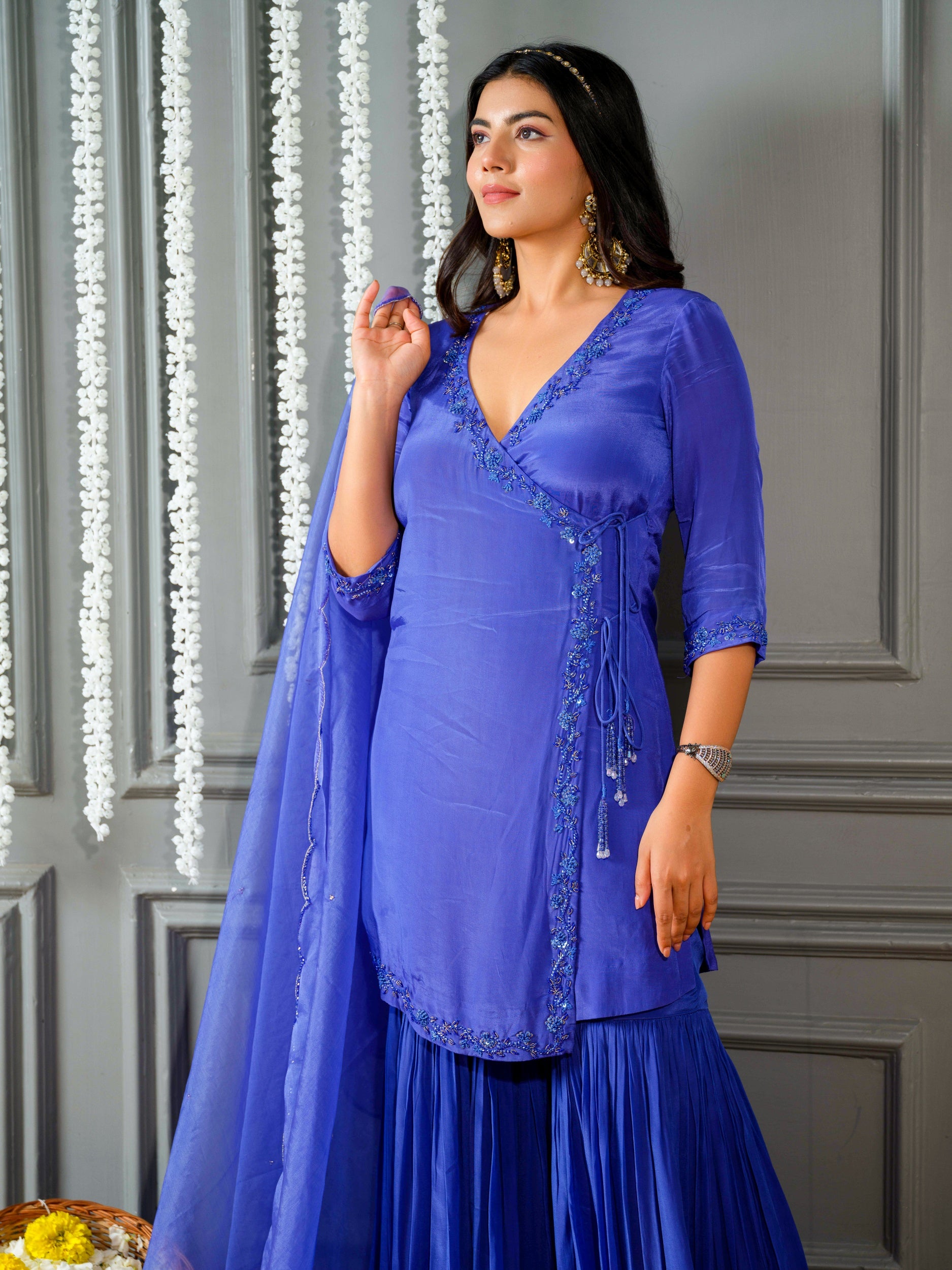 Ink Blue Angrakha Kurta and Sharara Set