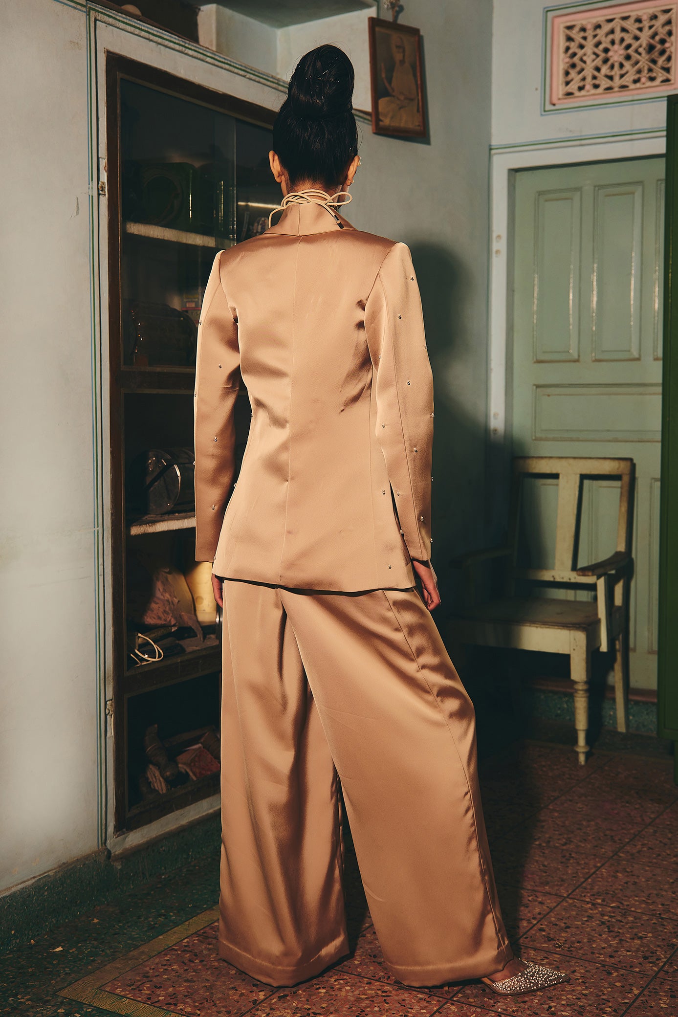 Sand Beige Satin Blazer Set