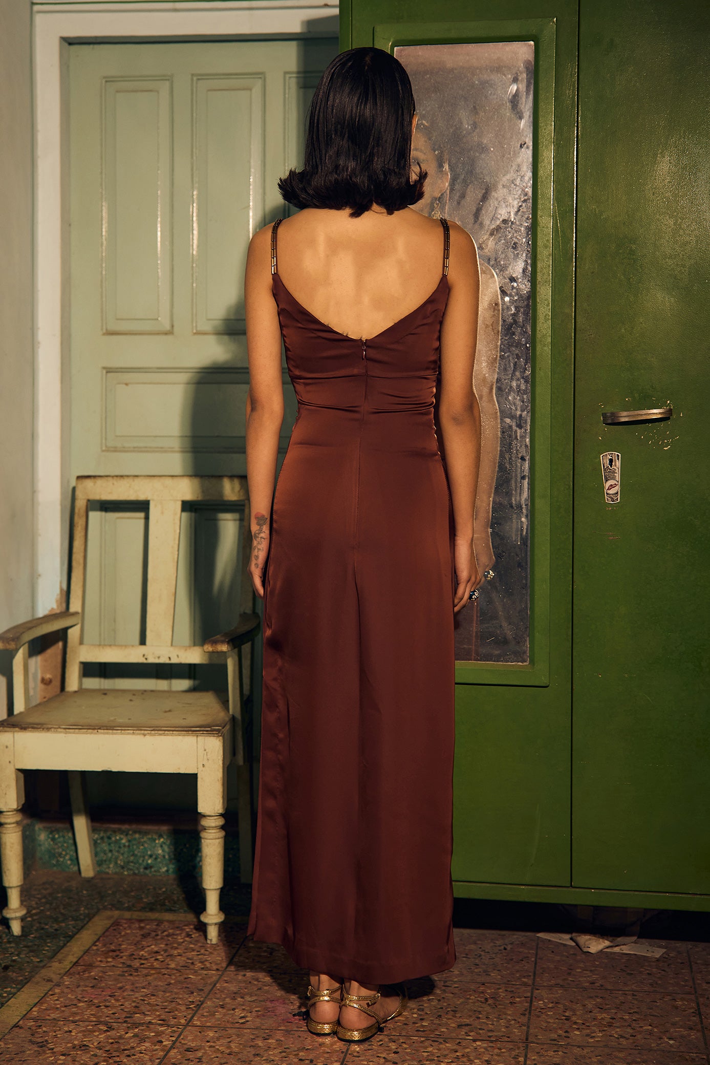 Metallic Pipe Strapy Brown Dress