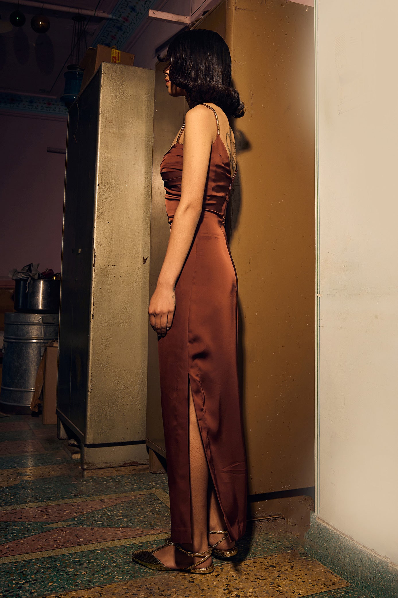 Metallic Pipe Strapy Brown Dress