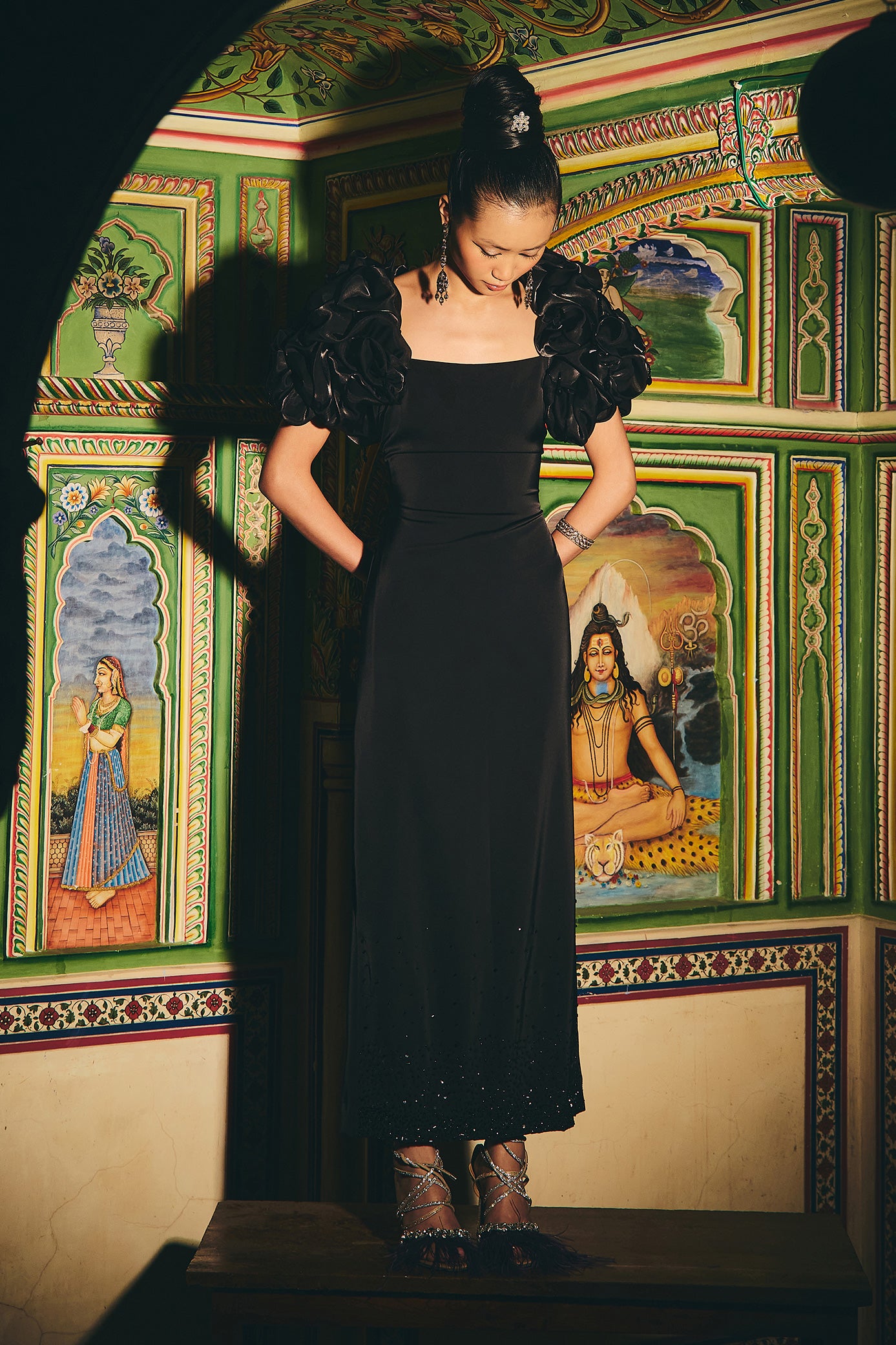 Raindrop Black Satin Dress