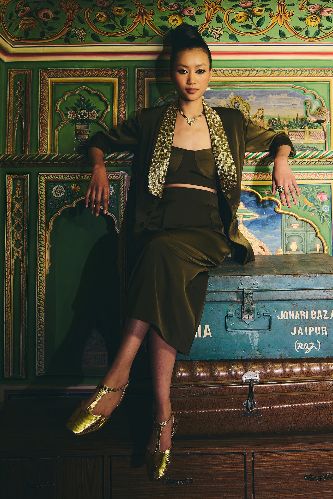 Deep Olive Green Blazer and Skirt Set