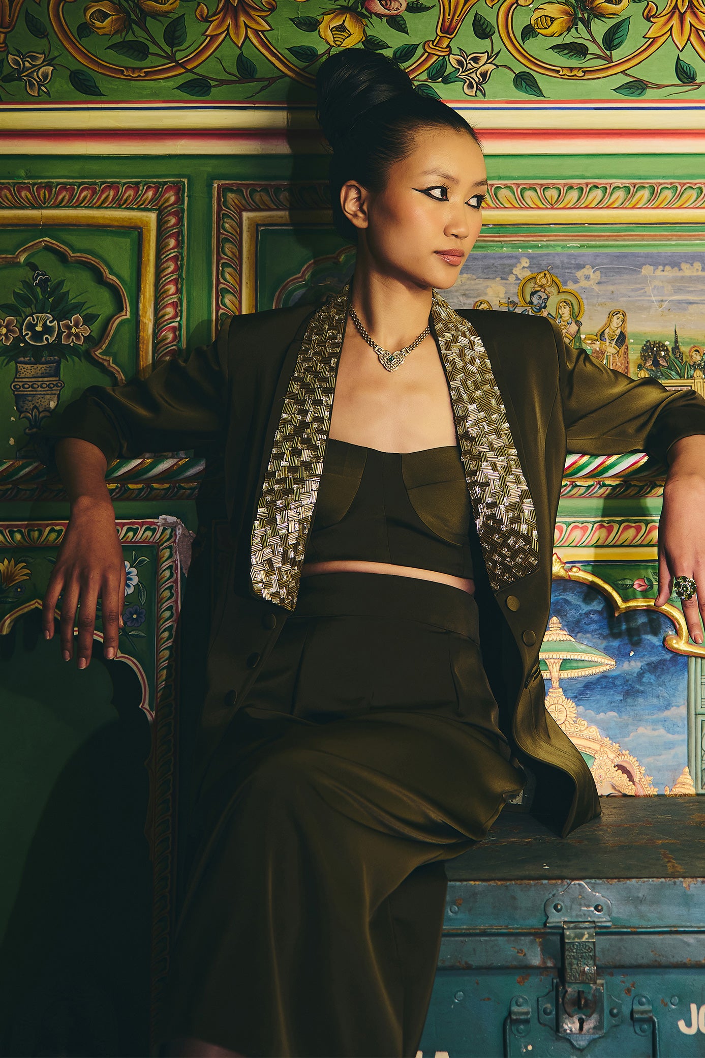 Deep Olive Green Blazer and Skirt Set