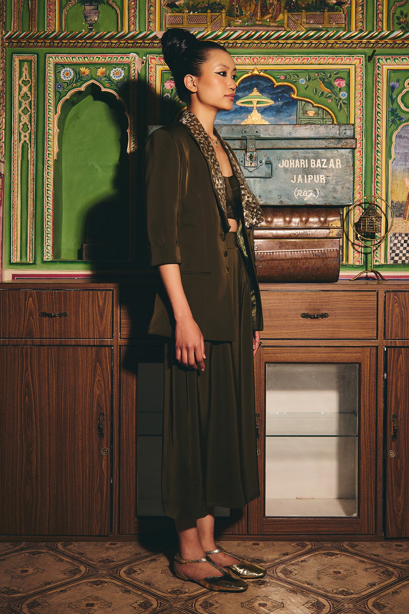 Deep Olive Green Blazer and Skirt Set