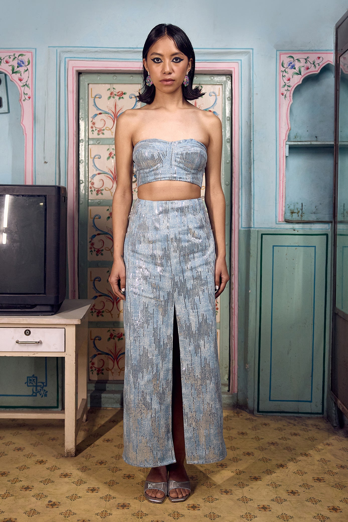 Denim Blue Sequin Skirt Set