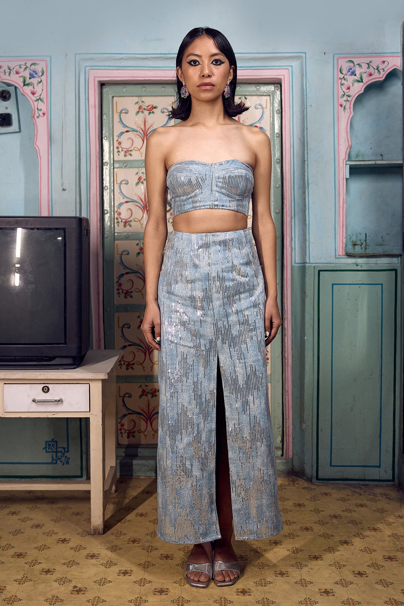 Denim Blue Sequin Skirt Set