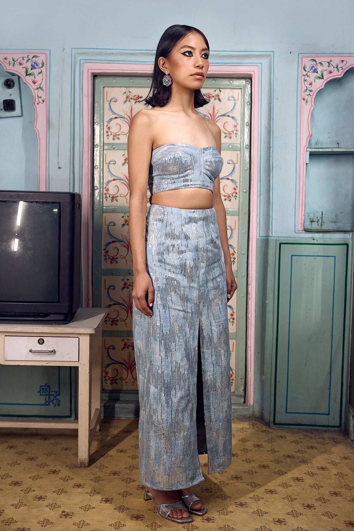 Denim Blue Sequin Skirt Set