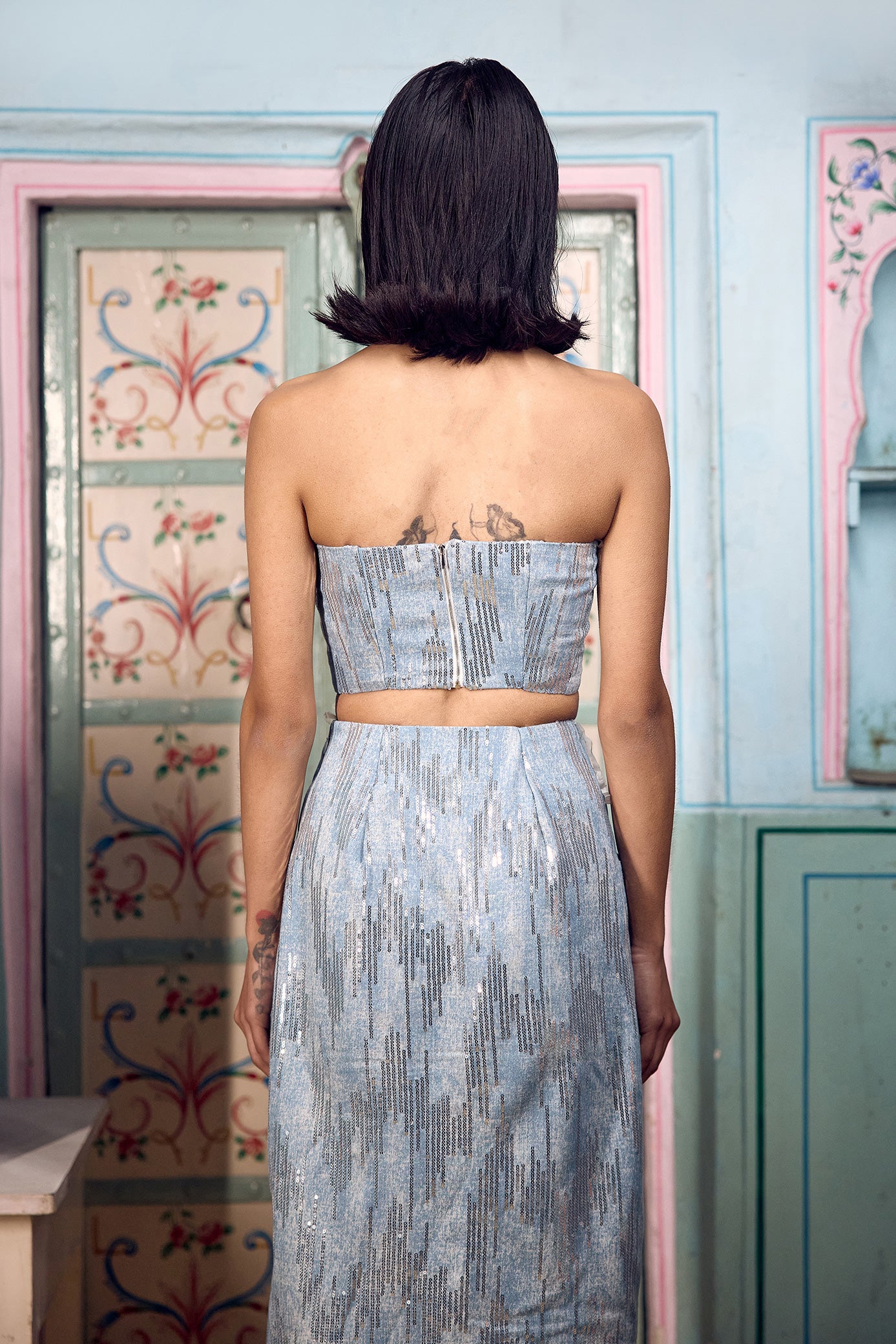 Denim Blue Sequin Skirt Set