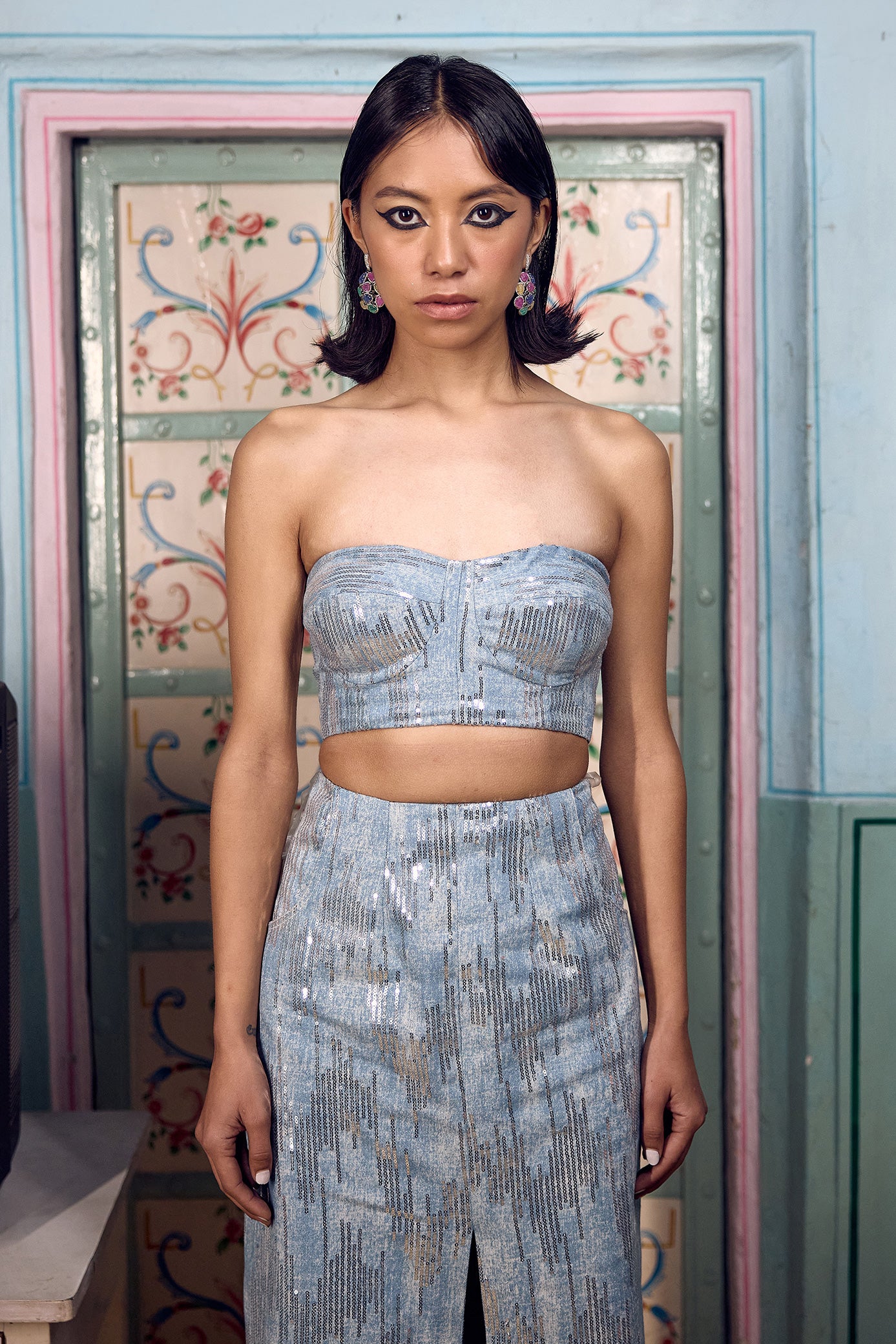 Denim Blue Sequin Skirt Set