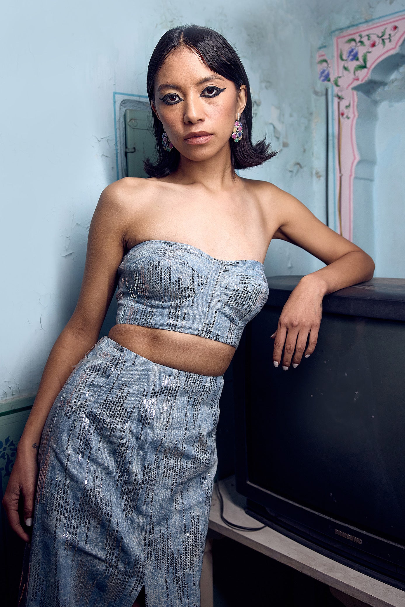 Denim Blue Sequin Skirt Set