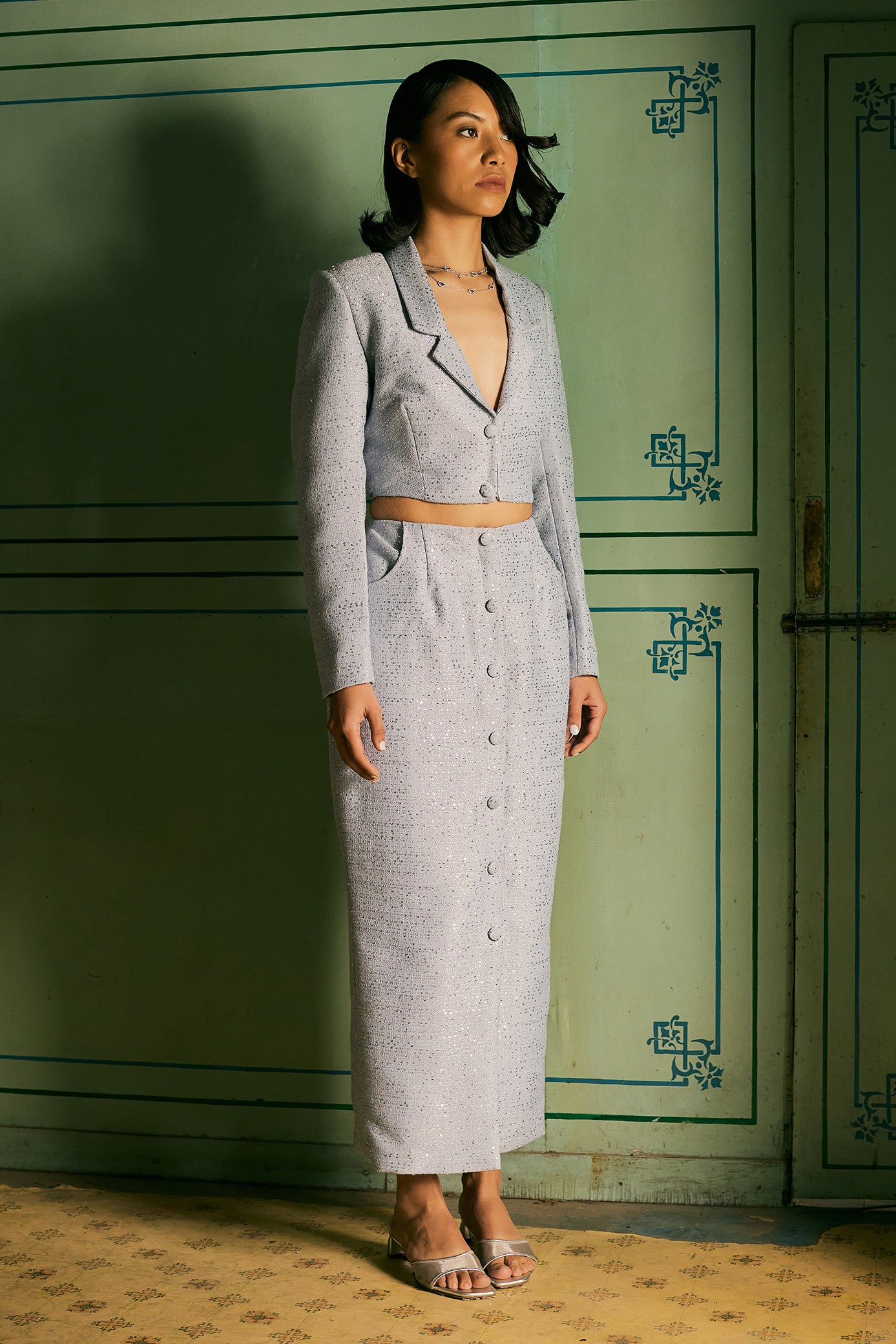 Blissful Blue Sequin Blazer and Skirt Set