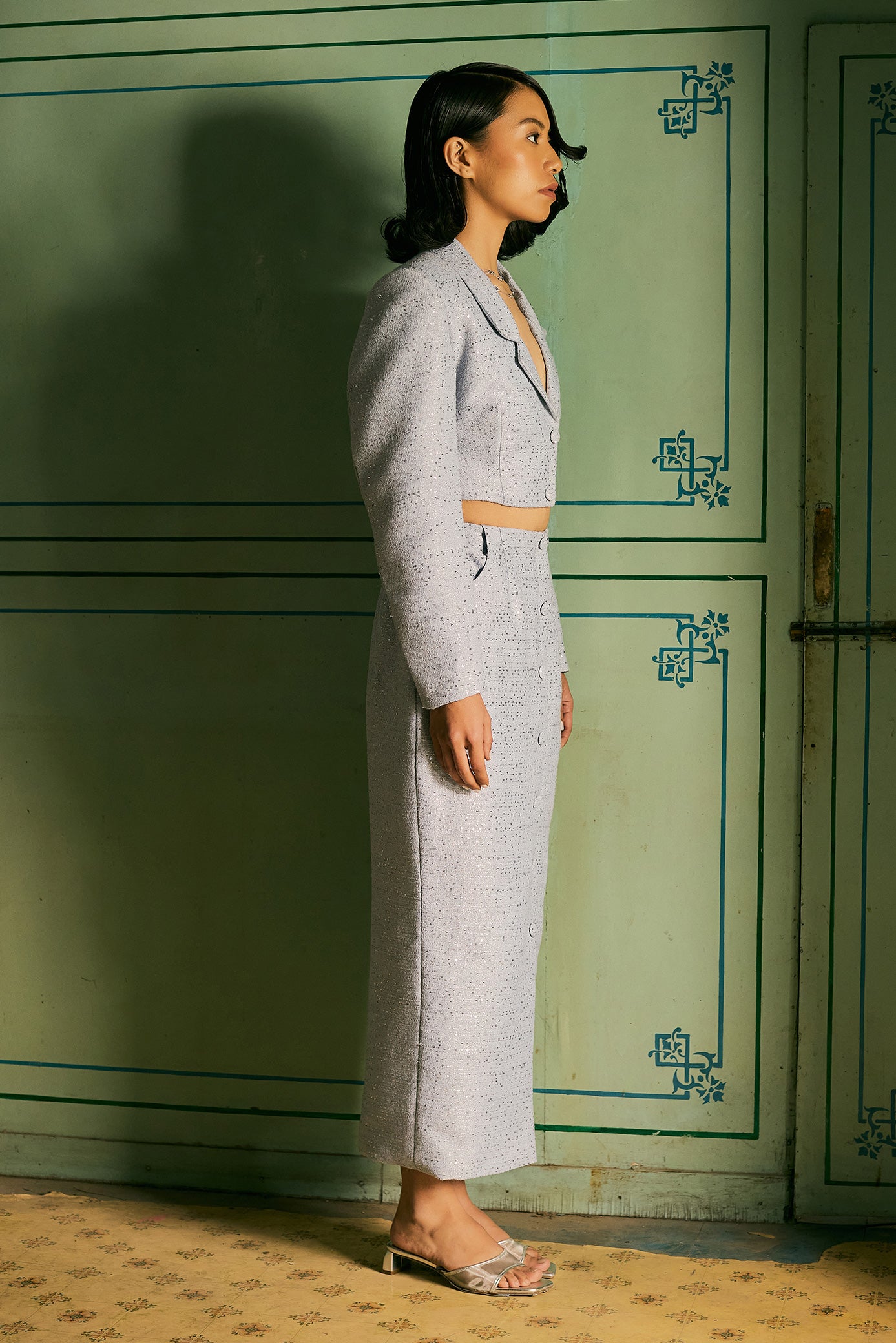 Blissful Blue Sequin Blazer and Skirt Set