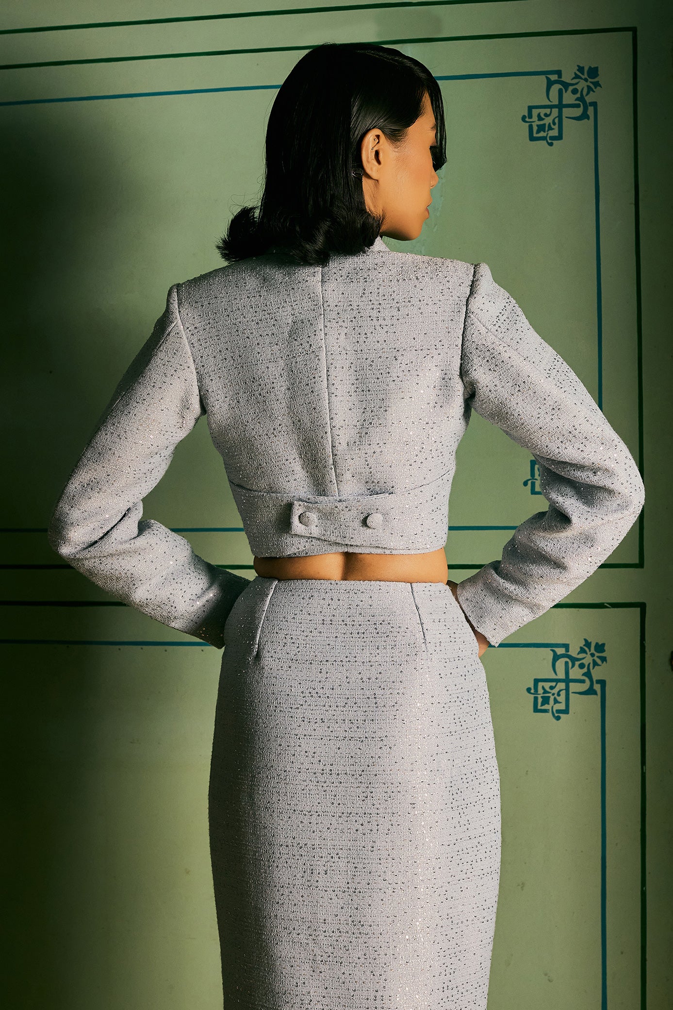 Blissful Blue Sequin Blazer and Skirt Set