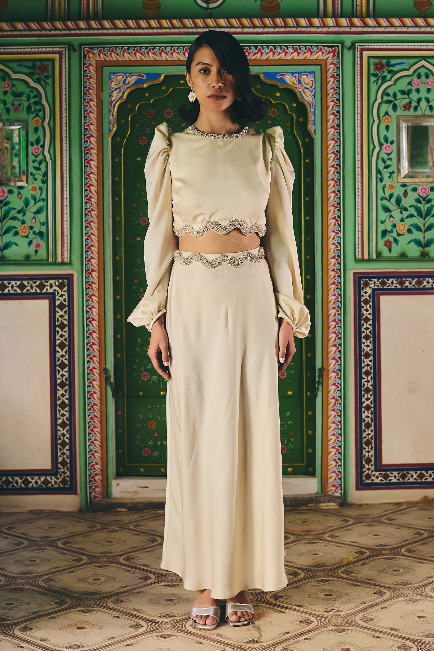 Ivory Satin Crop Top and Skirt Set