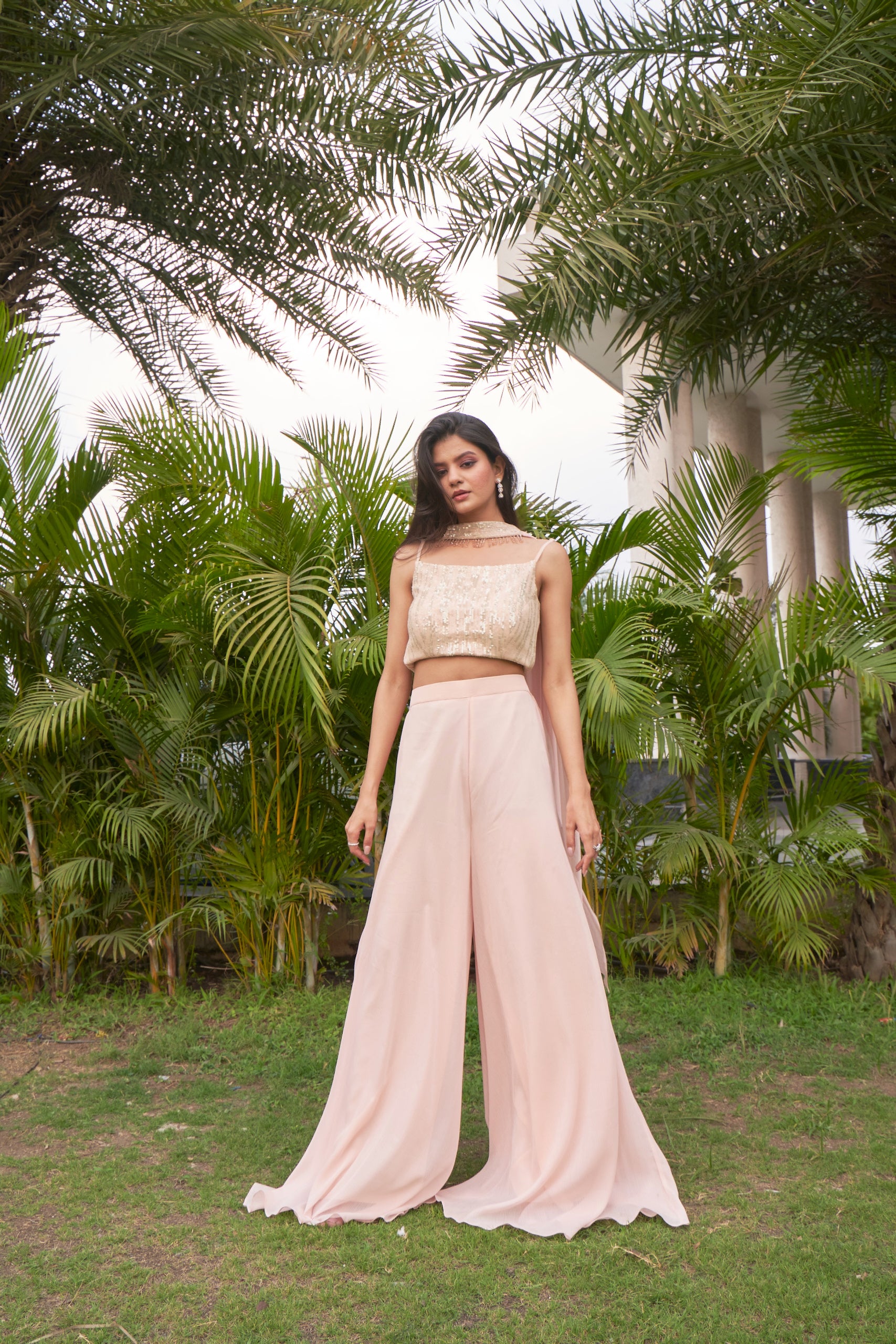 Peach Sequins Flared Pant Set