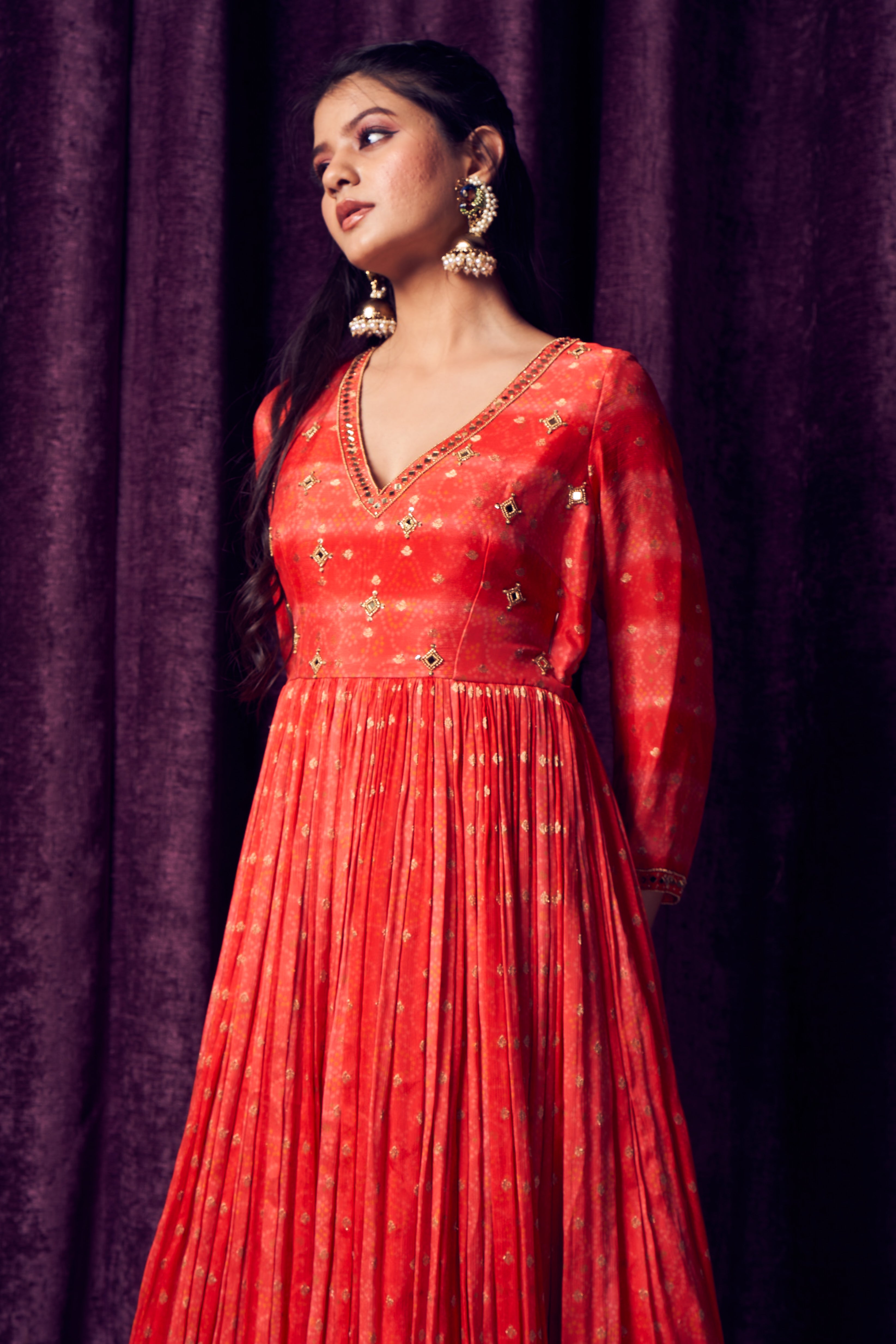 Orange-Red Bandhani Anarkarli set