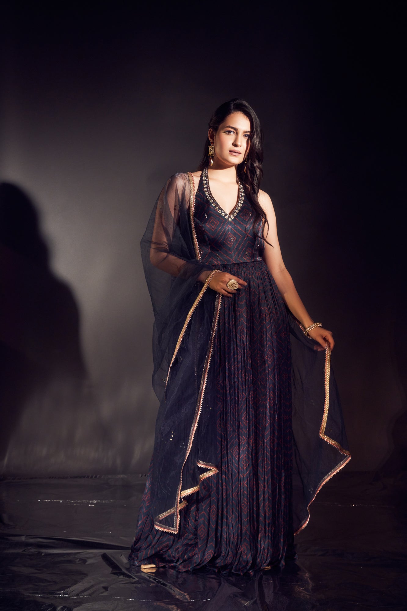 Navy Blue Bandhani Anarkali Set