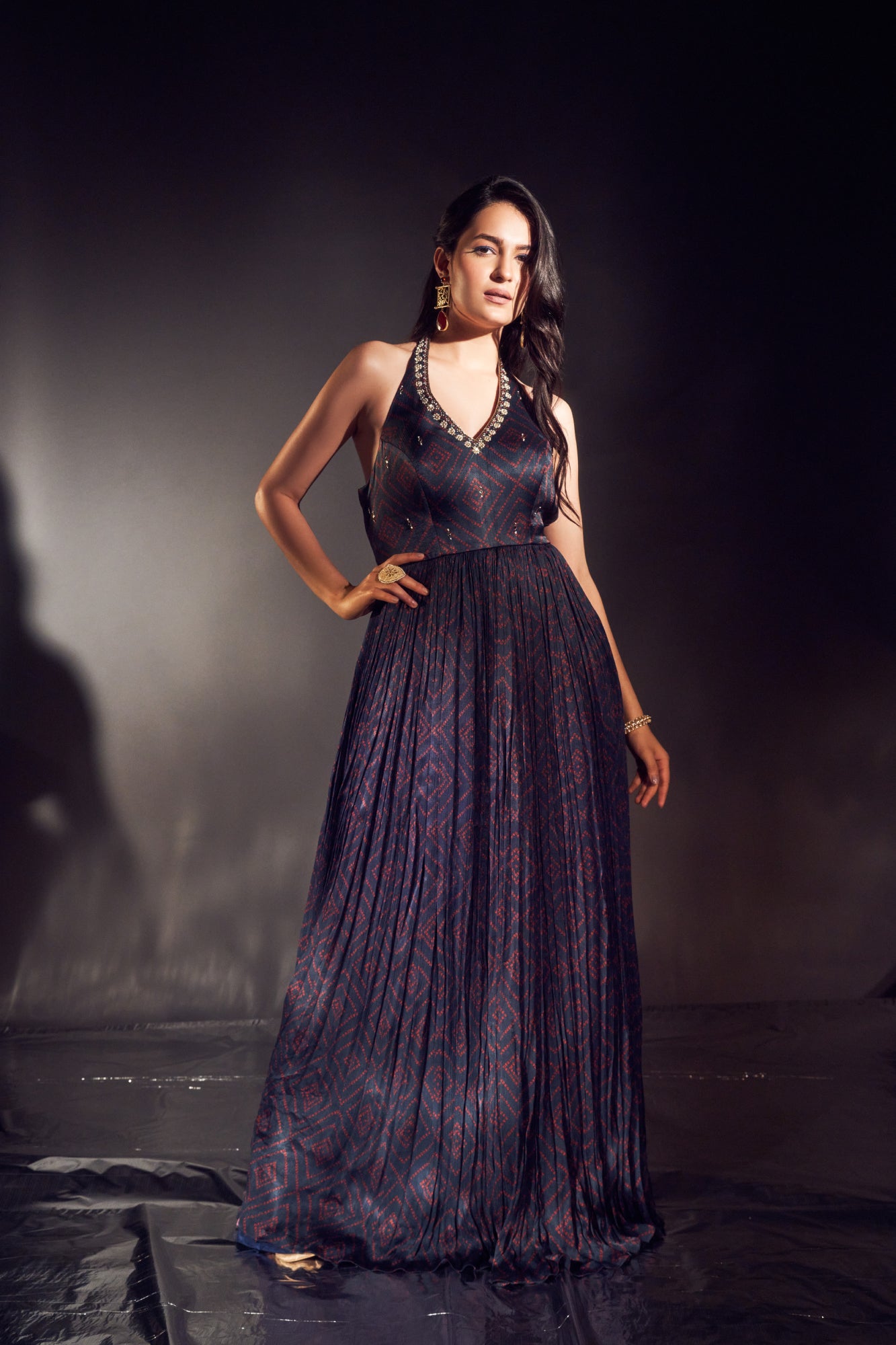 Navy Blue Bandhani Anarkali Set