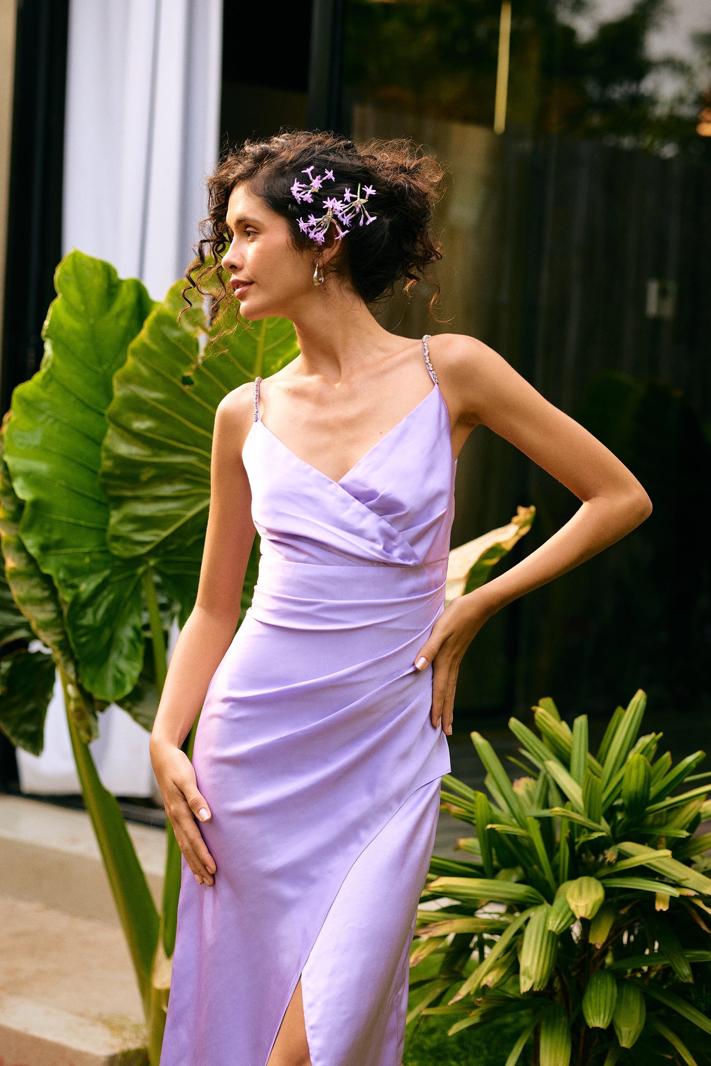 French lilac satin slip dress