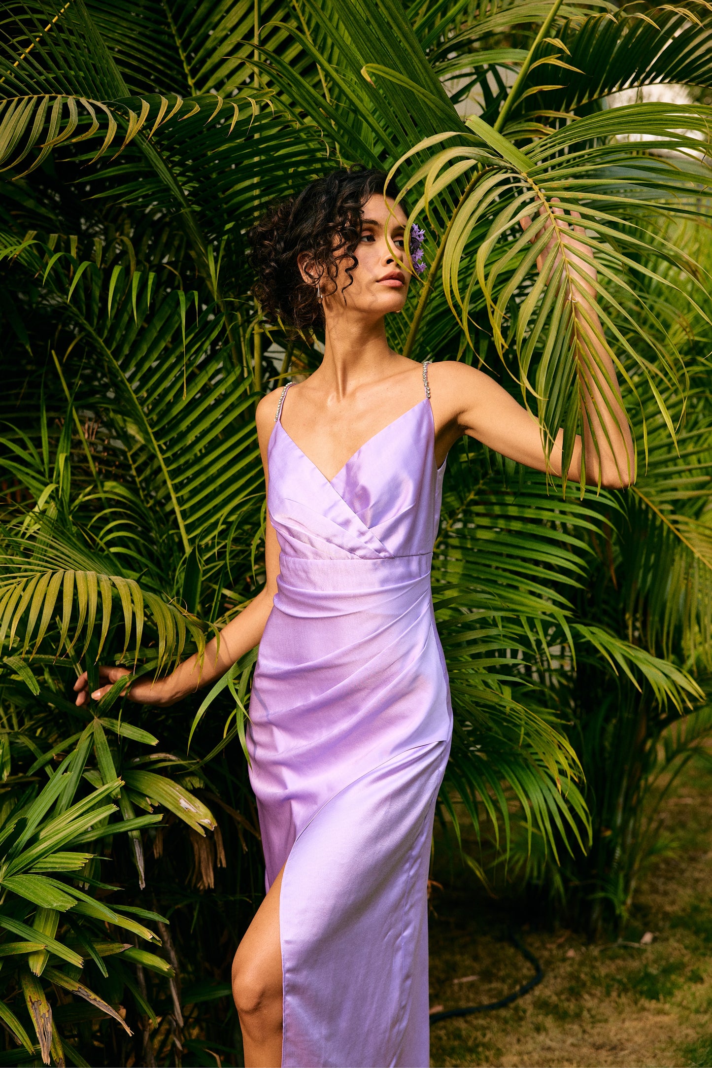 French lilac satin slip dress