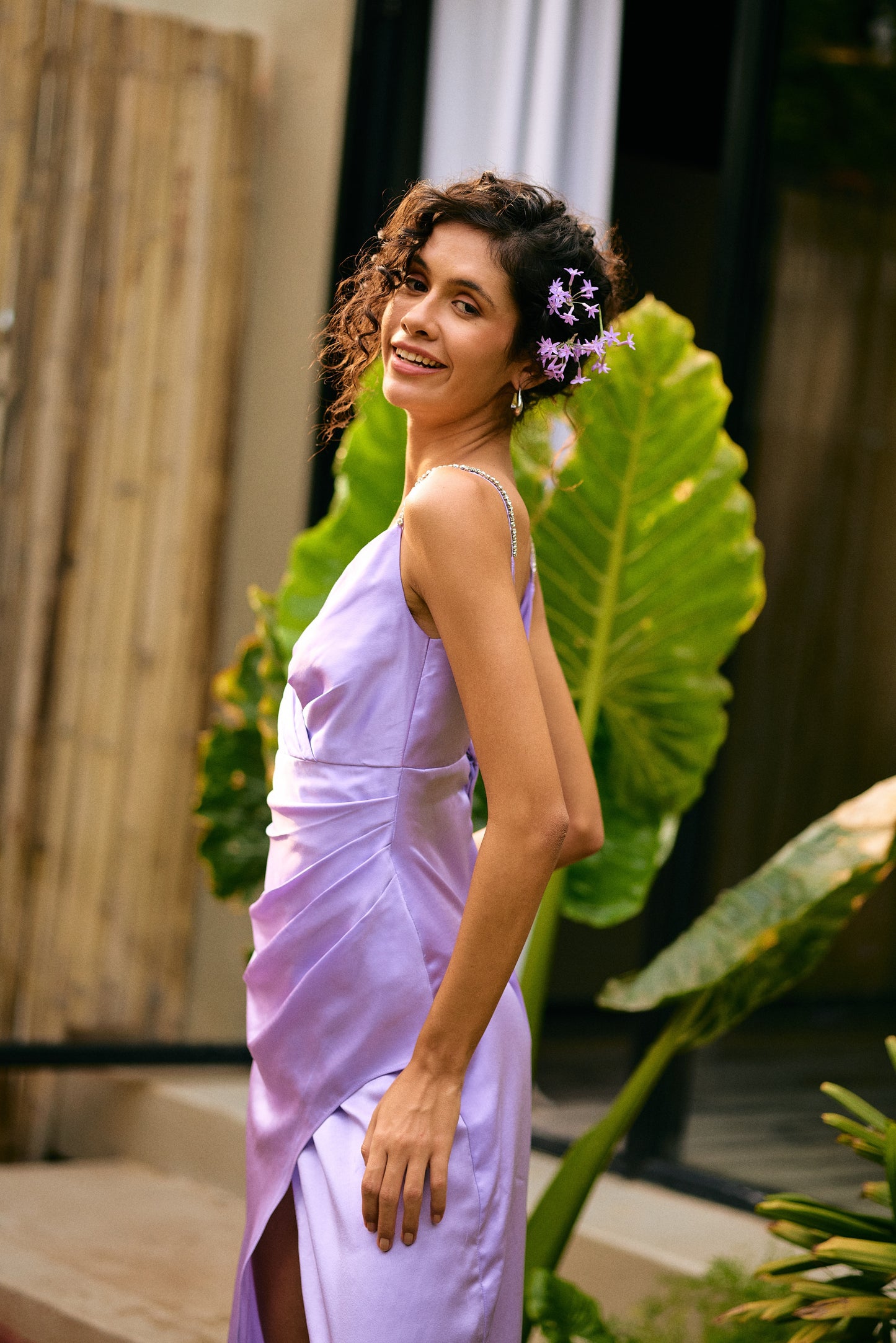 French lilac satin slip dress