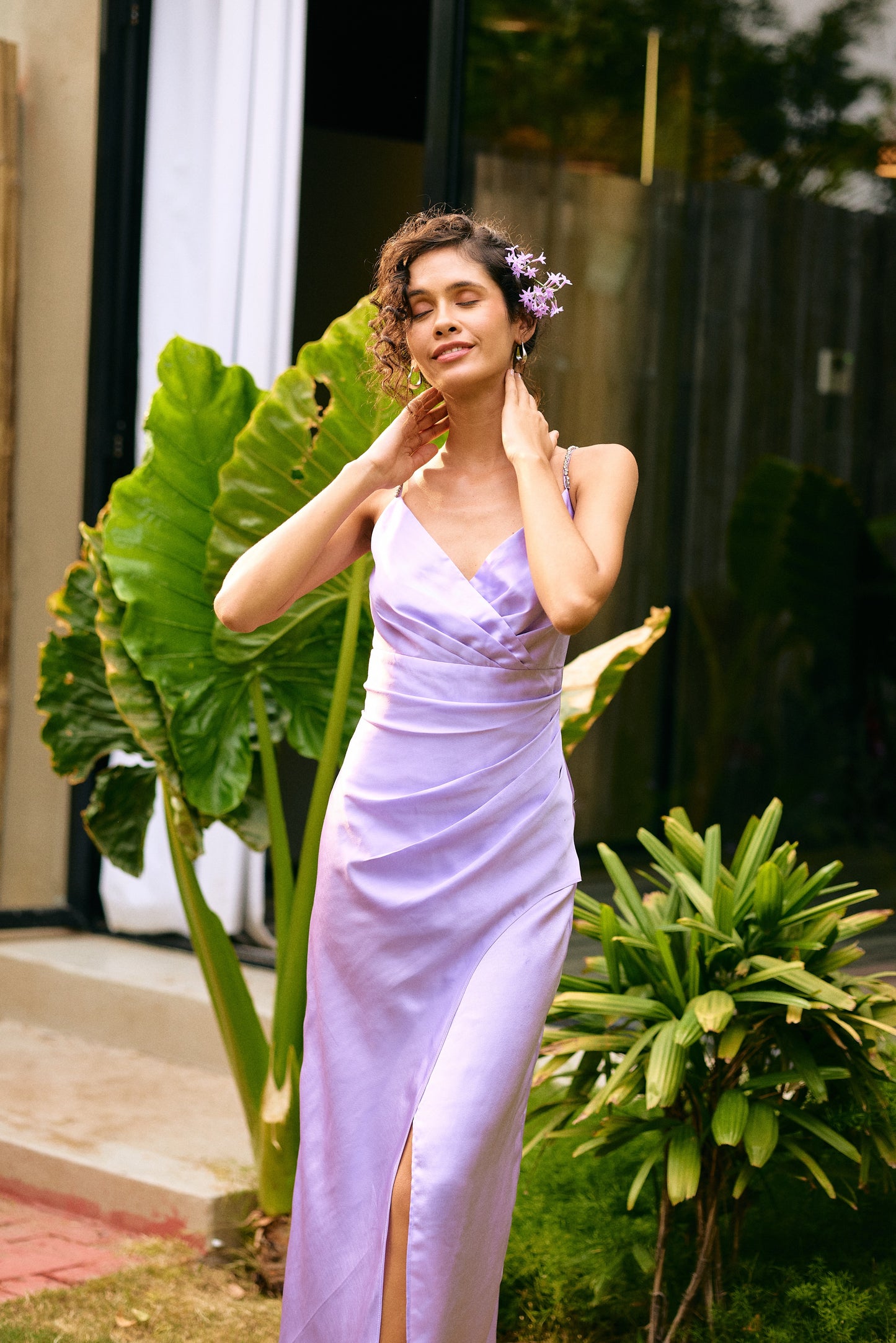 French lilac satin slip dress