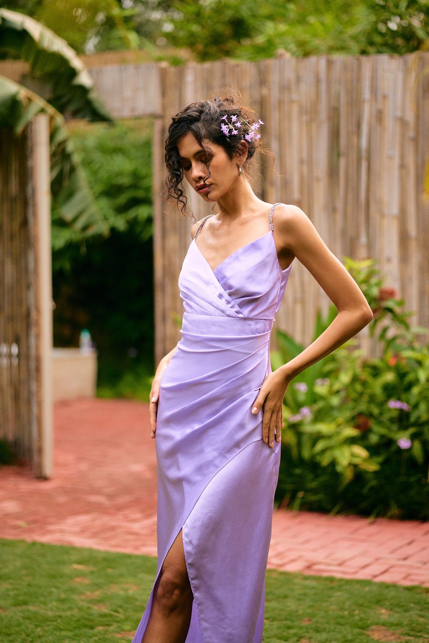 French lilac satin slip dress