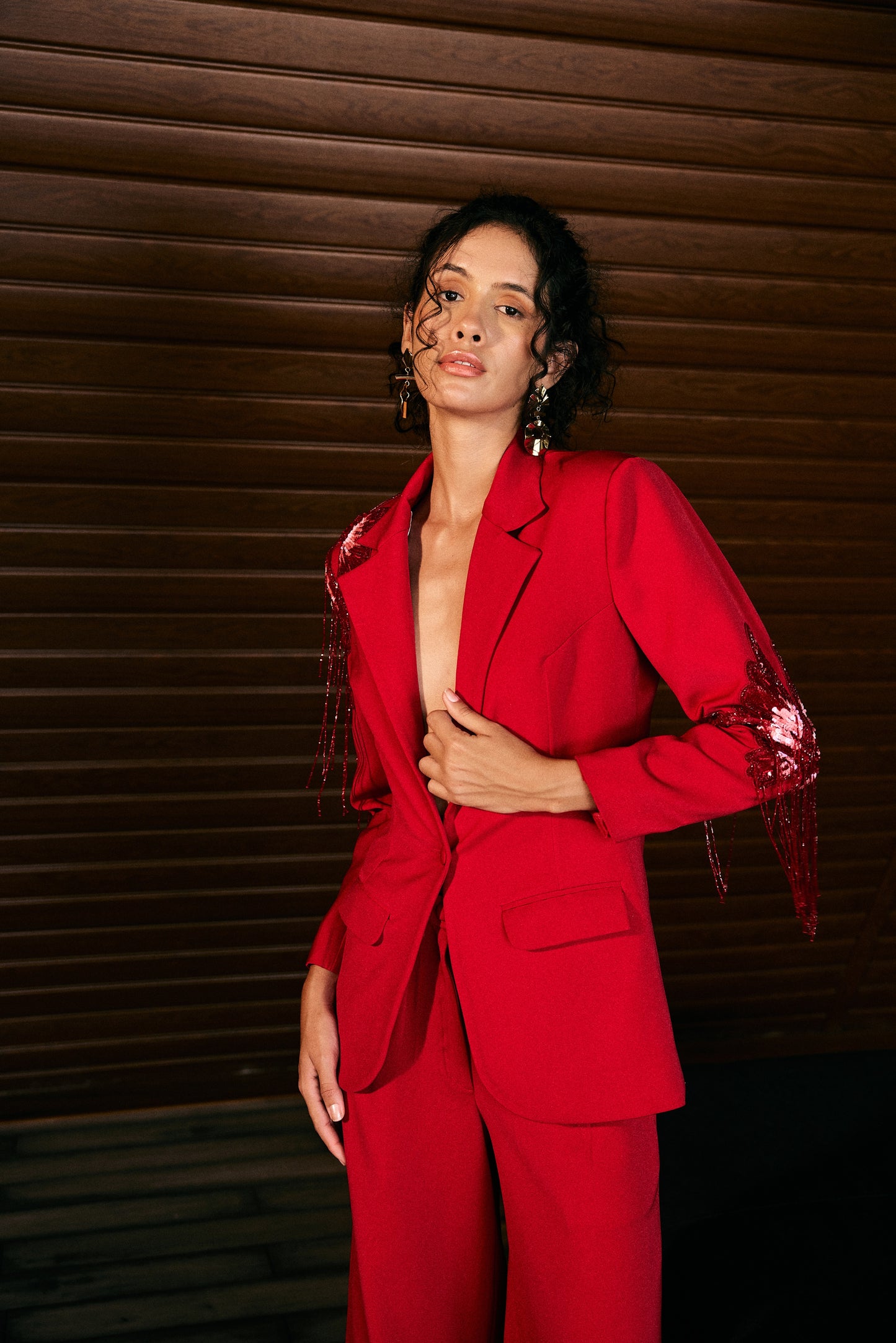 Hibiscus Red Embellished Blazer Set