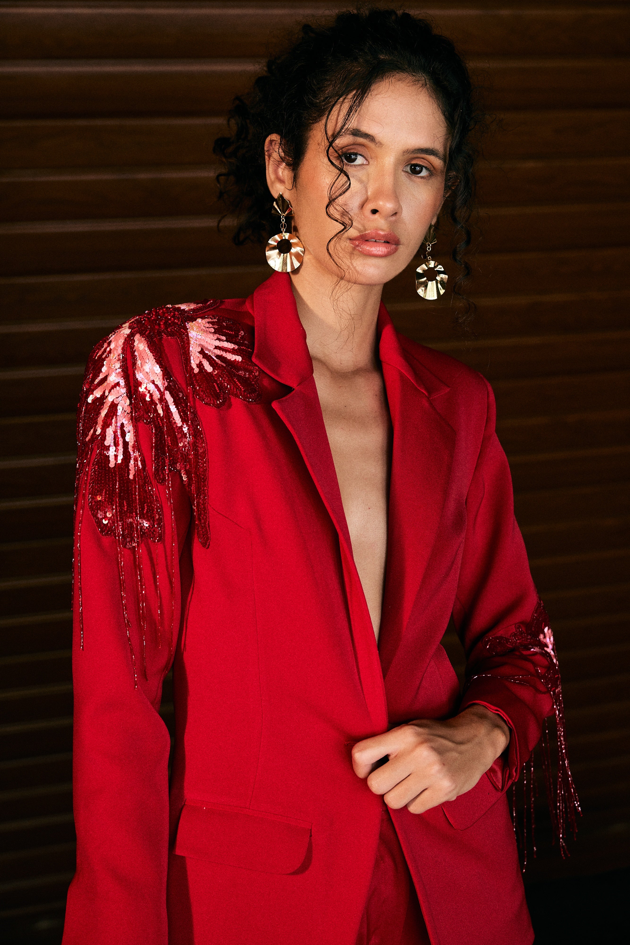 Hibiscus Red Embellished Blazer Set