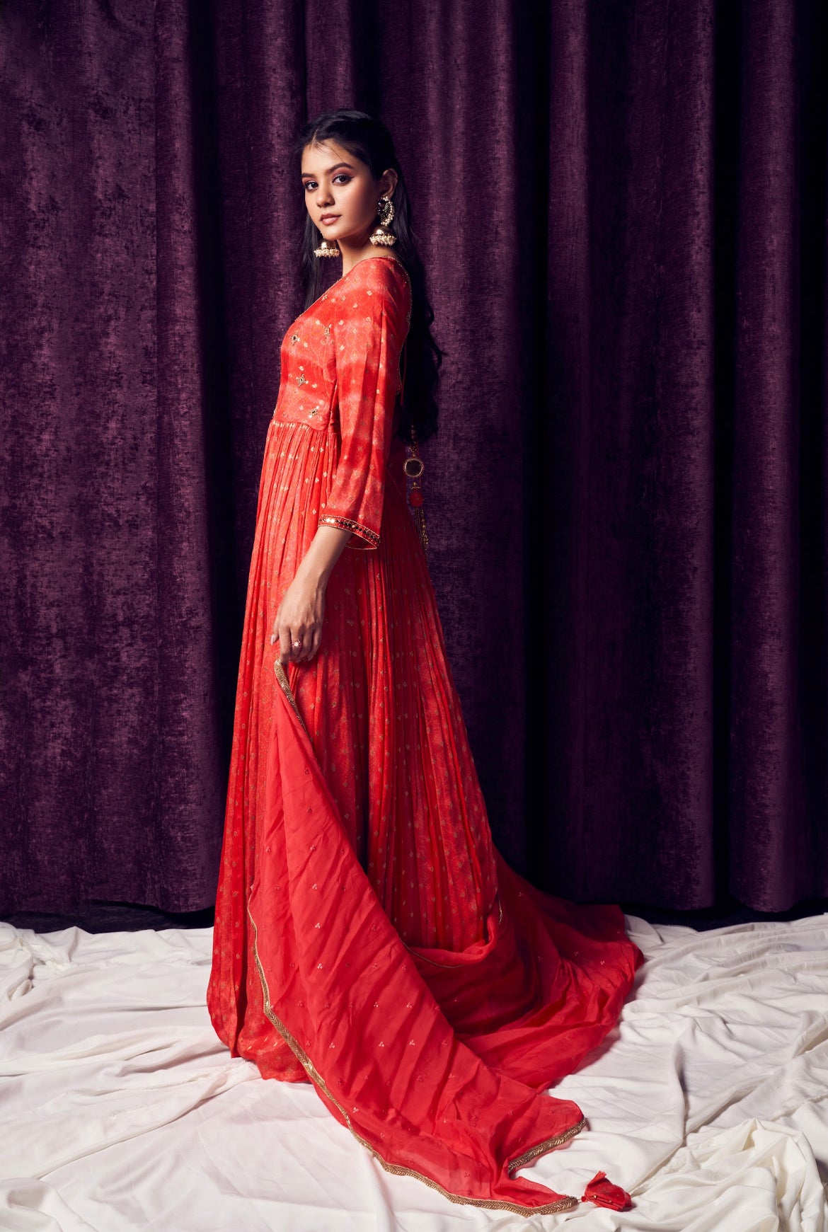 Orange-Red Bandhani Anarkarli set