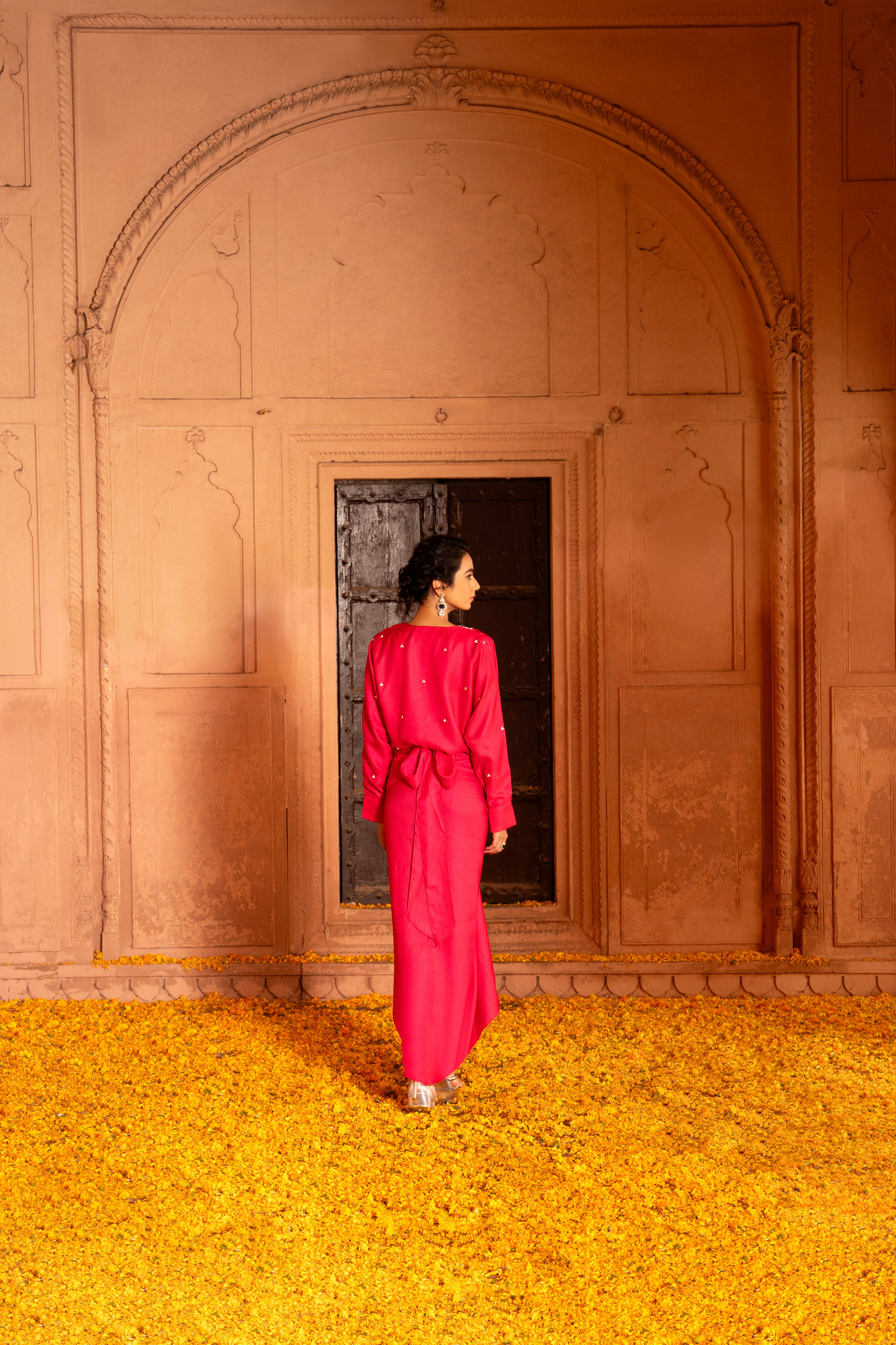 FUCHSIA DRAPE SKIRT AND TOP SET